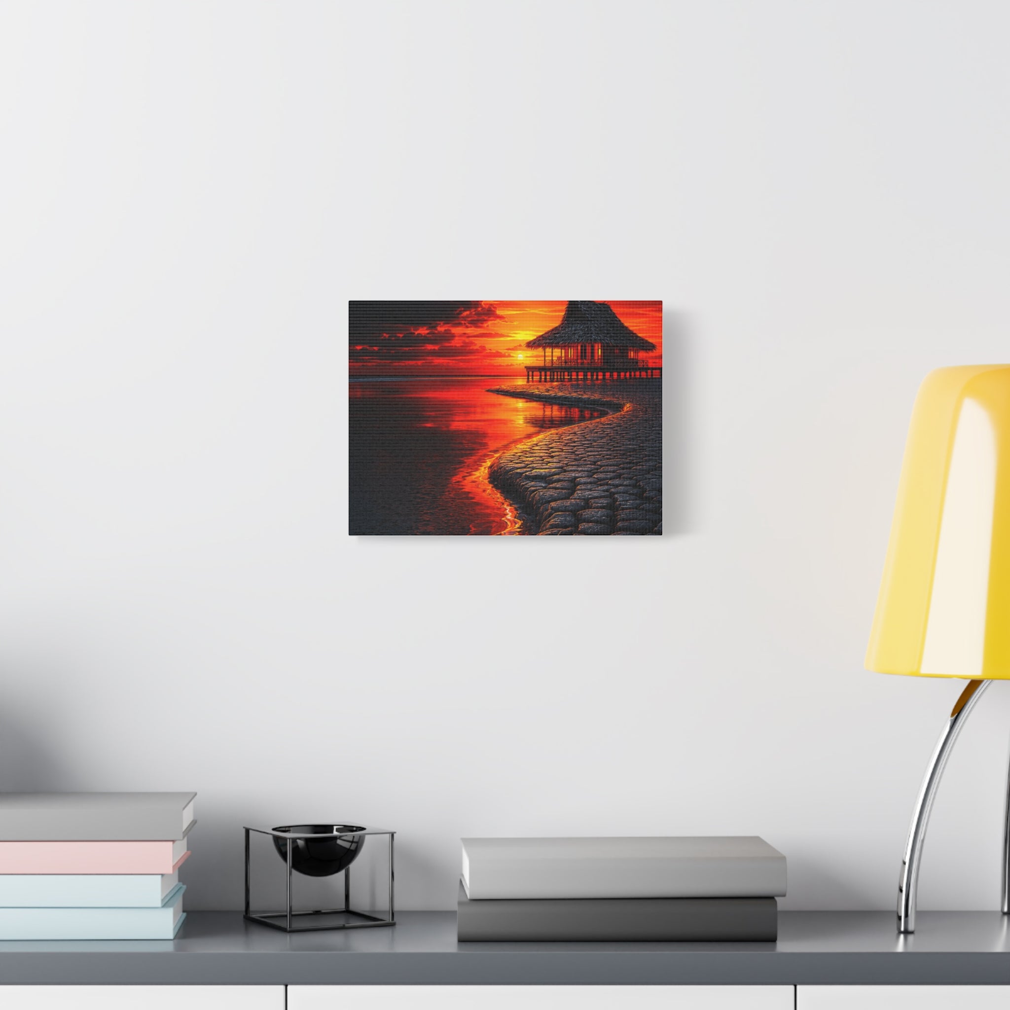 Tropical Sunset Canvas Wall Art — Exotic Hut over Lava-Red Ocean, Matte Stretched 1.25"