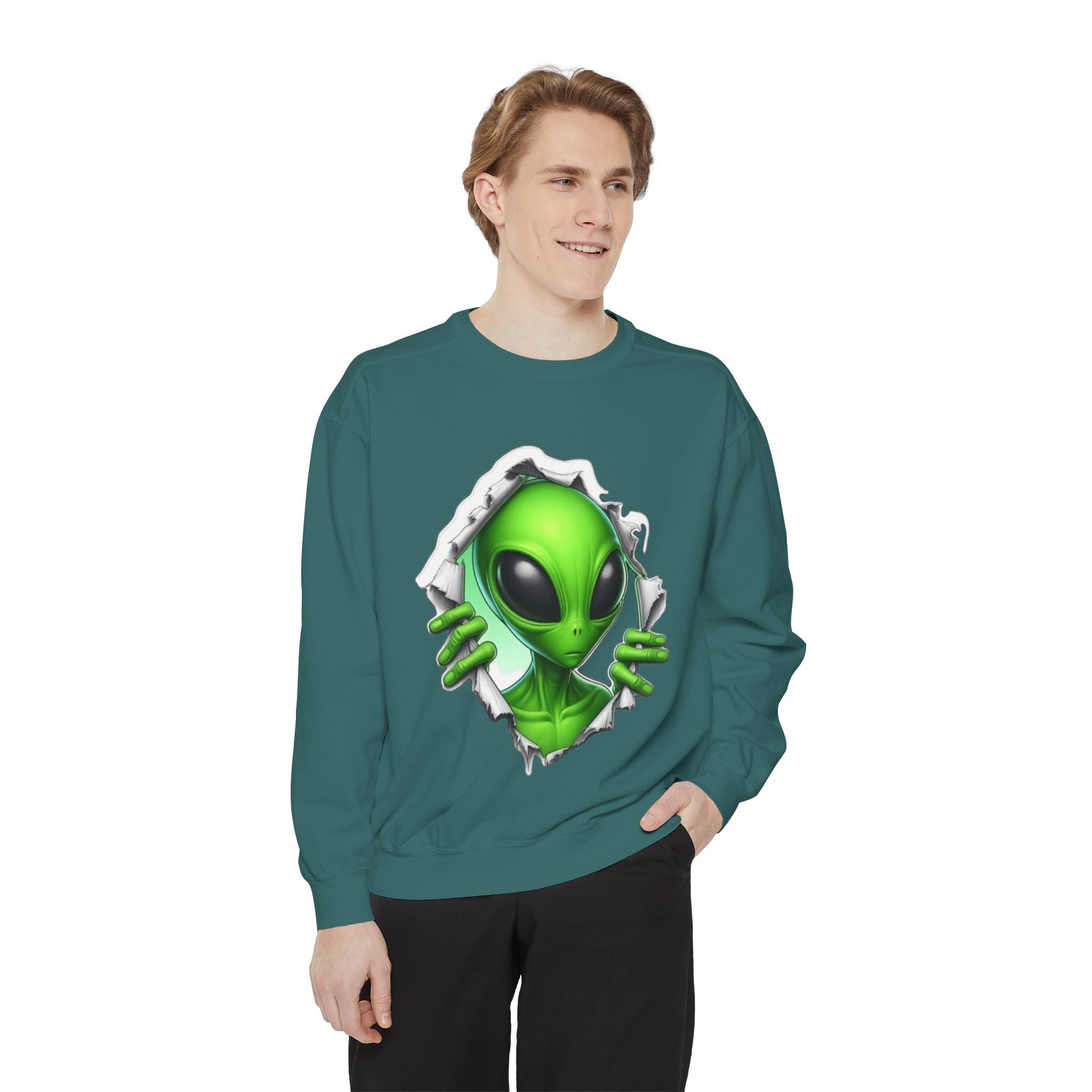 Alien Peeking Graphic Sweatshirt – Green Extraterrestrial Crewneck