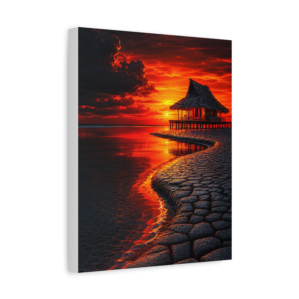 Tropical Sunset Canvas Wall Art — Exotic Hut over Lava-Red Ocean, Matte Stretched 1.25"