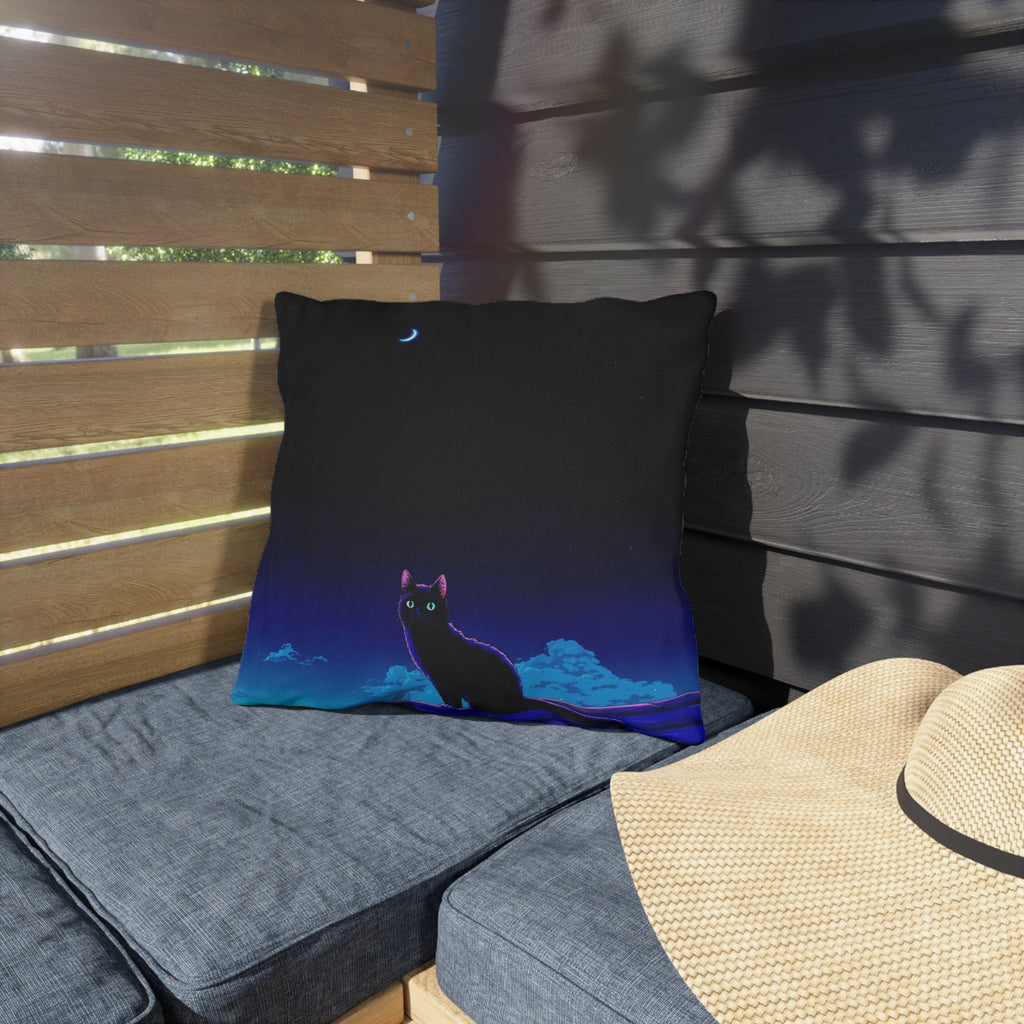 Cat Moon Outdoor Pillow — Night Sky Black Cat Decorative Patio Cushion