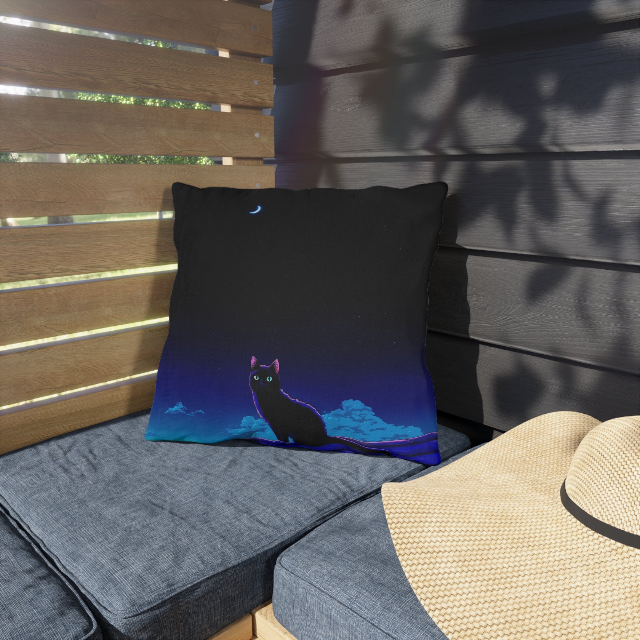 Cat Moon Outdoor Pillow — Night Sky Black Cat Decorative Patio Cushion