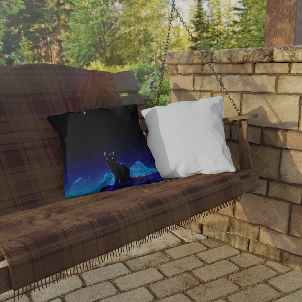 Cat Moon Outdoor Pillow — Night Sky Black Cat Decorative Patio Cushion