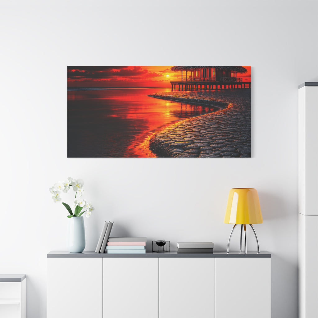 Tropical Sunset Canvas Wall Art — Exotic Hut over Lava-Red Ocean, Matte Stretched 1.25"