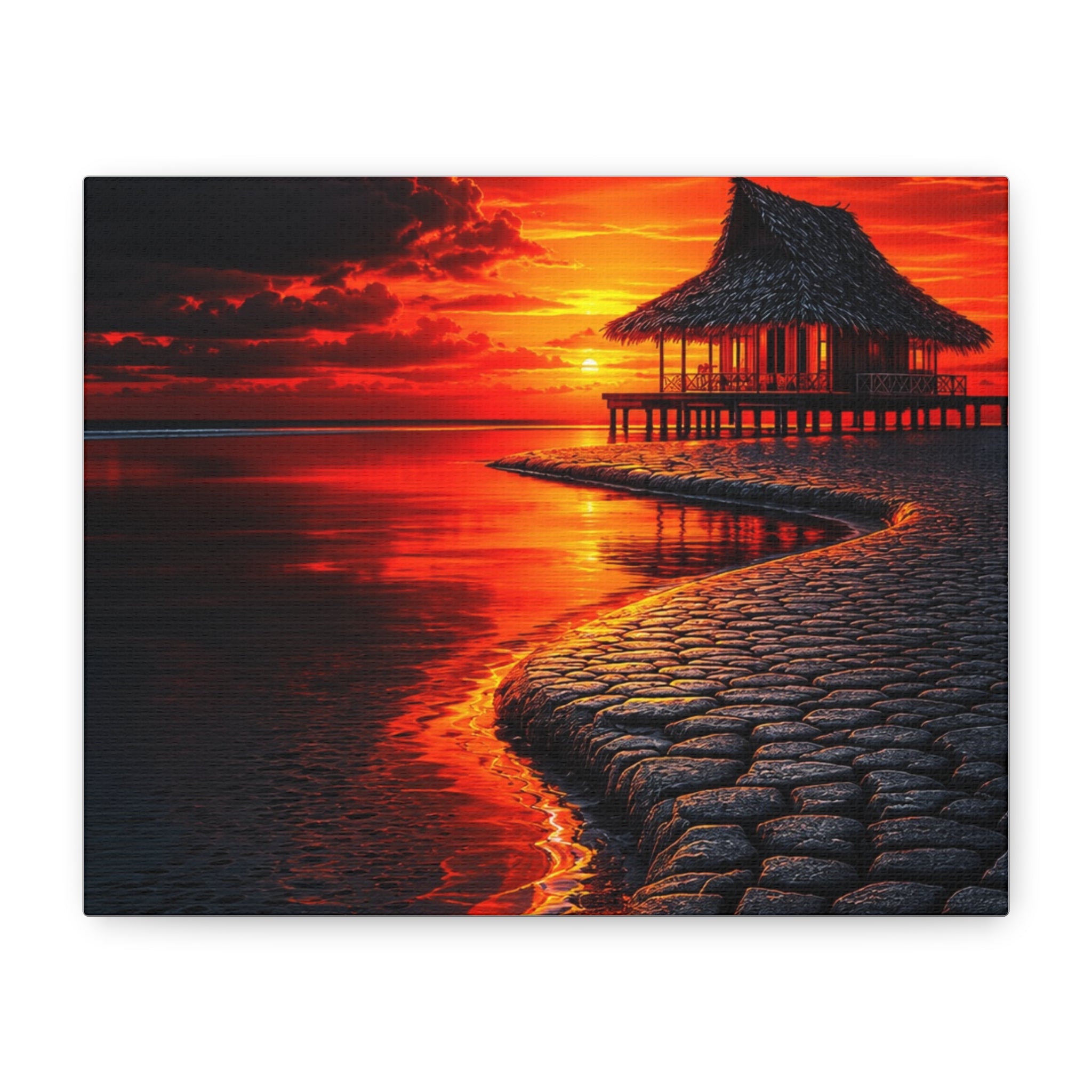 Tropical Sunset Canvas Wall Art — Exotic Hut over Lava-Red Ocean, Matte Stretched 1.25"