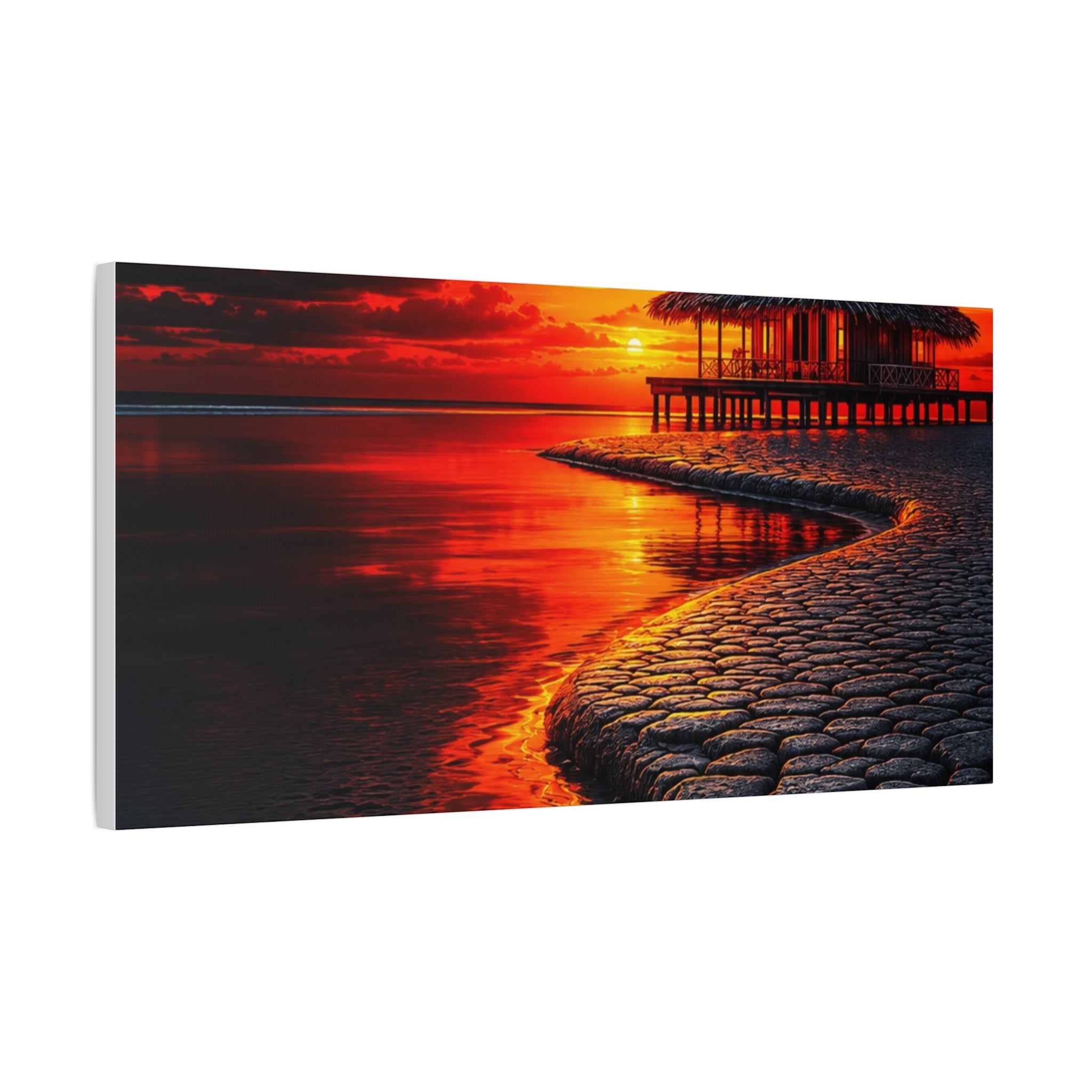 Tropical Sunset Canvas Wall Art — Exotic Hut over Lava-Red Ocean, Matte Stretched 1.25"