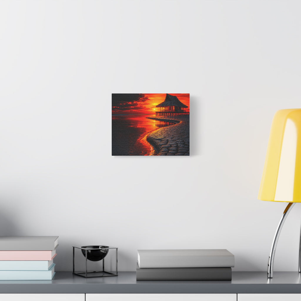 Tropical Sunset Canvas Wall Art — Exotic Hut over Lava-Red Ocean, Matte Stretched 1.25"
