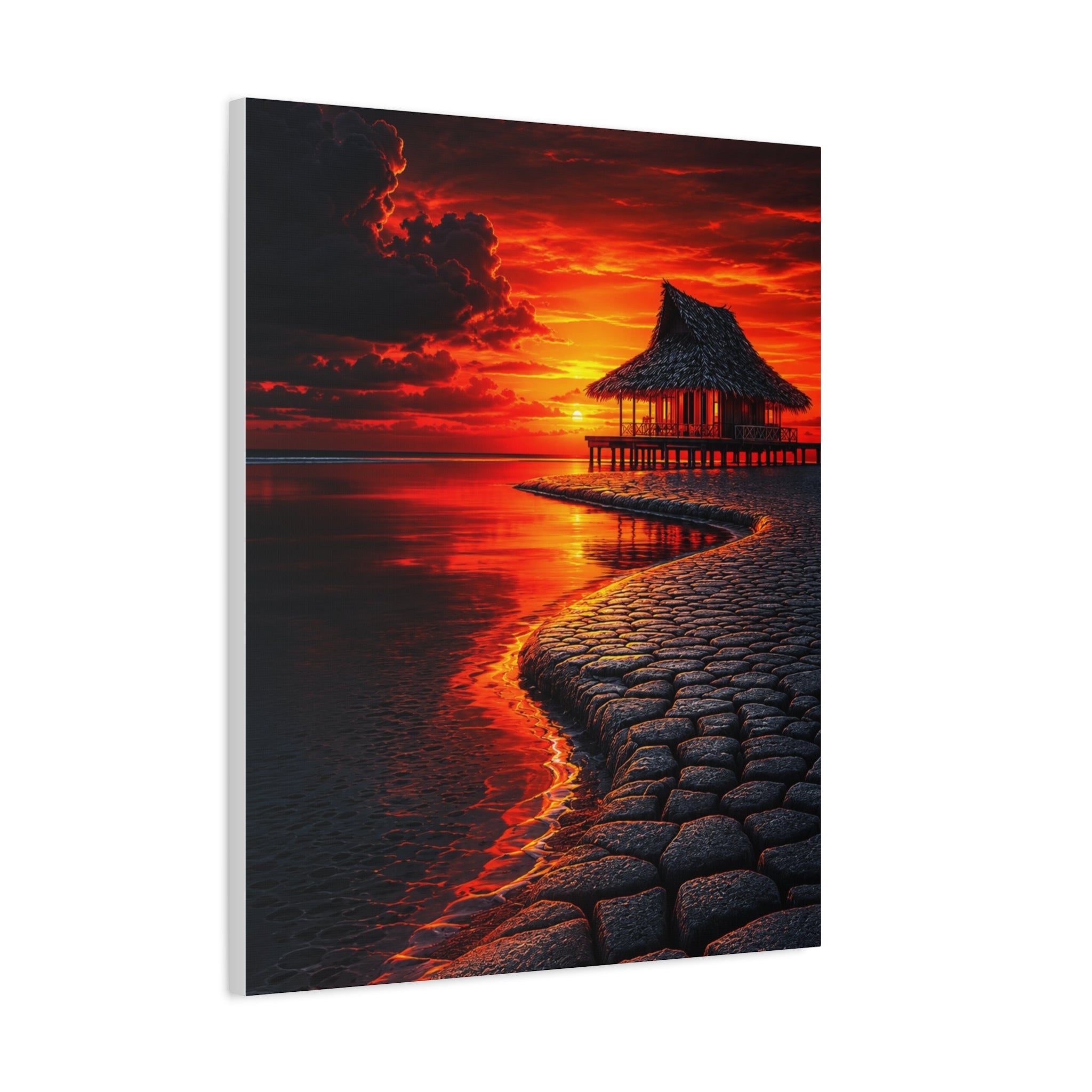 Tropical Sunset Canvas Wall Art — Exotic Hut over Lava-Red Ocean, Matte Stretched 1.25"