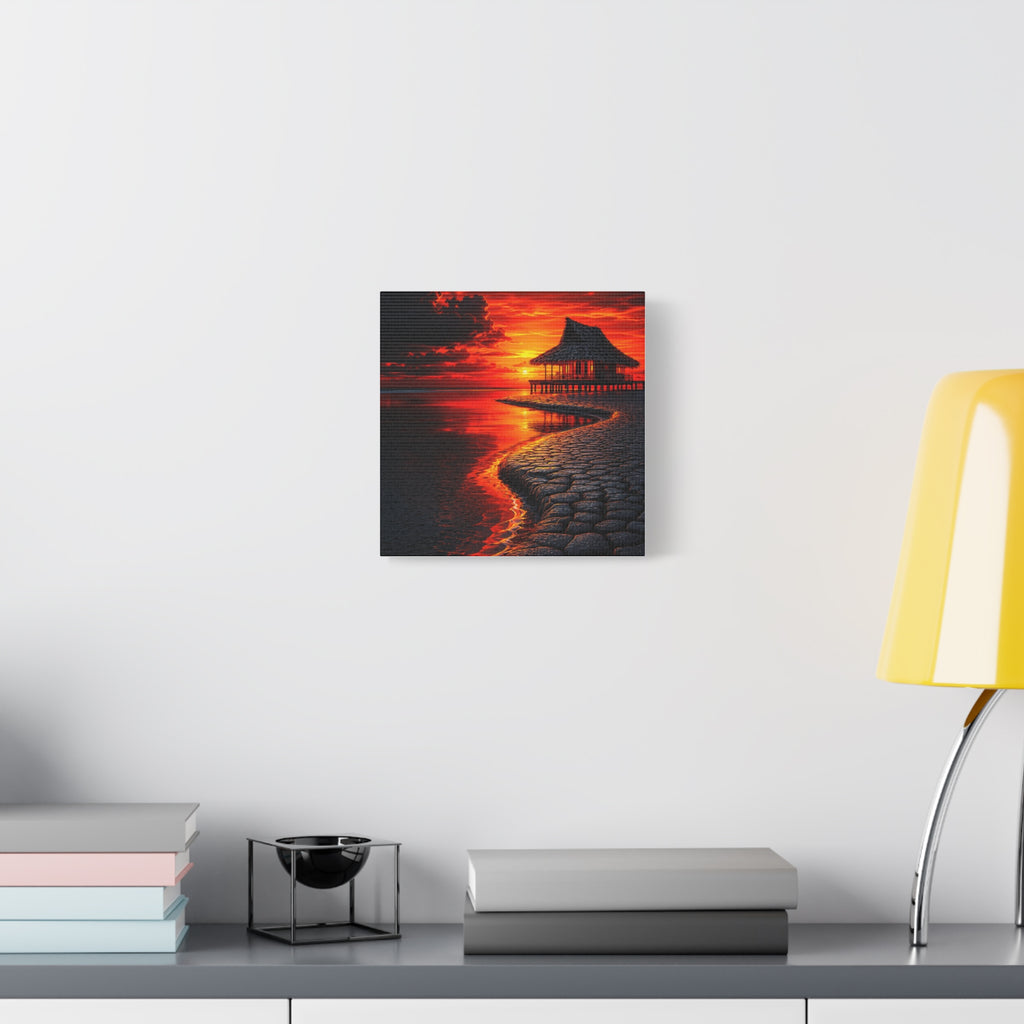 Tropical Sunset Canvas Wall Art — Exotic Hut over Lava-Red Ocean, Matte Stretched 1.25"