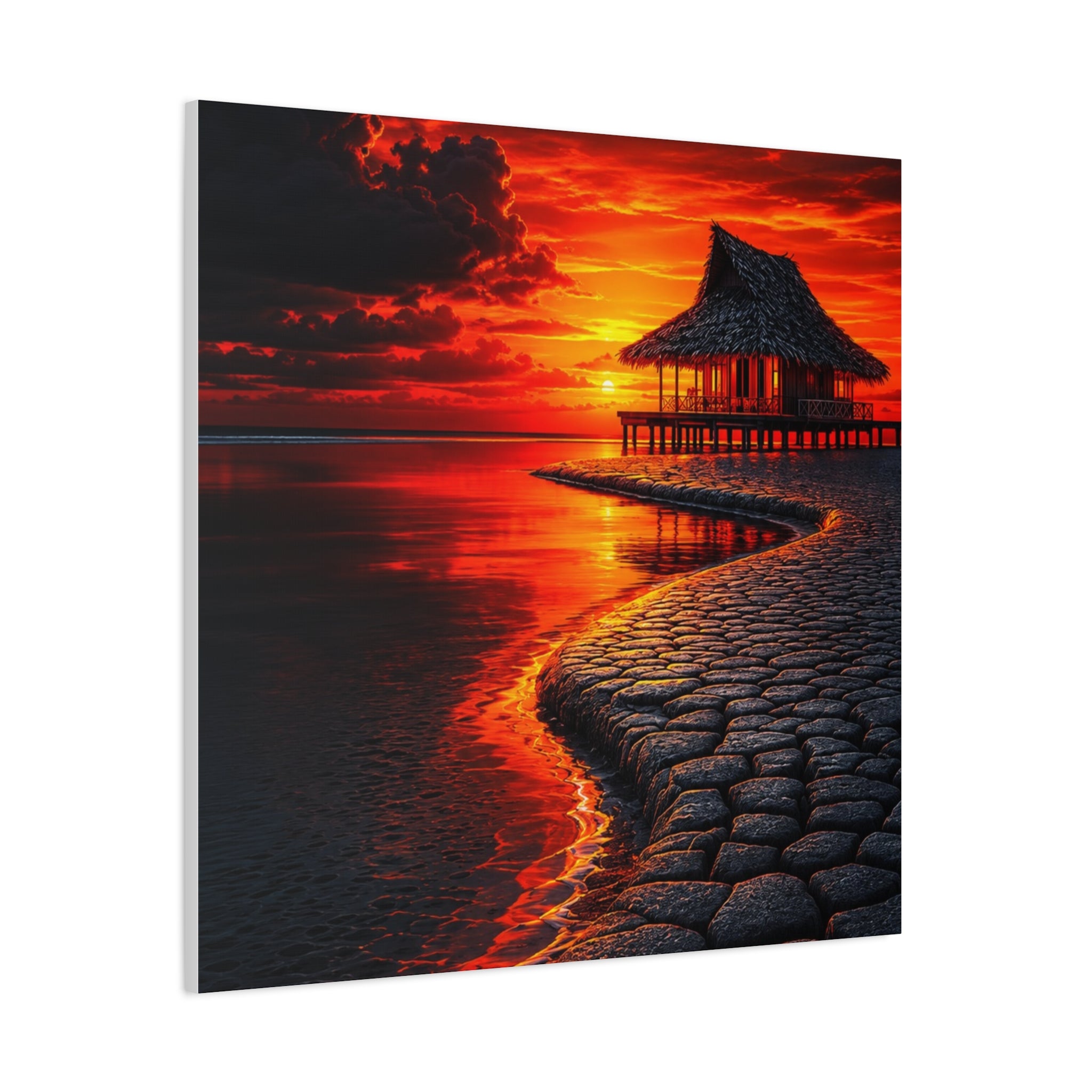 Tropical Sunset Canvas Wall Art — Exotic Hut over Lava-Red Ocean, Matte Stretched 1.25"