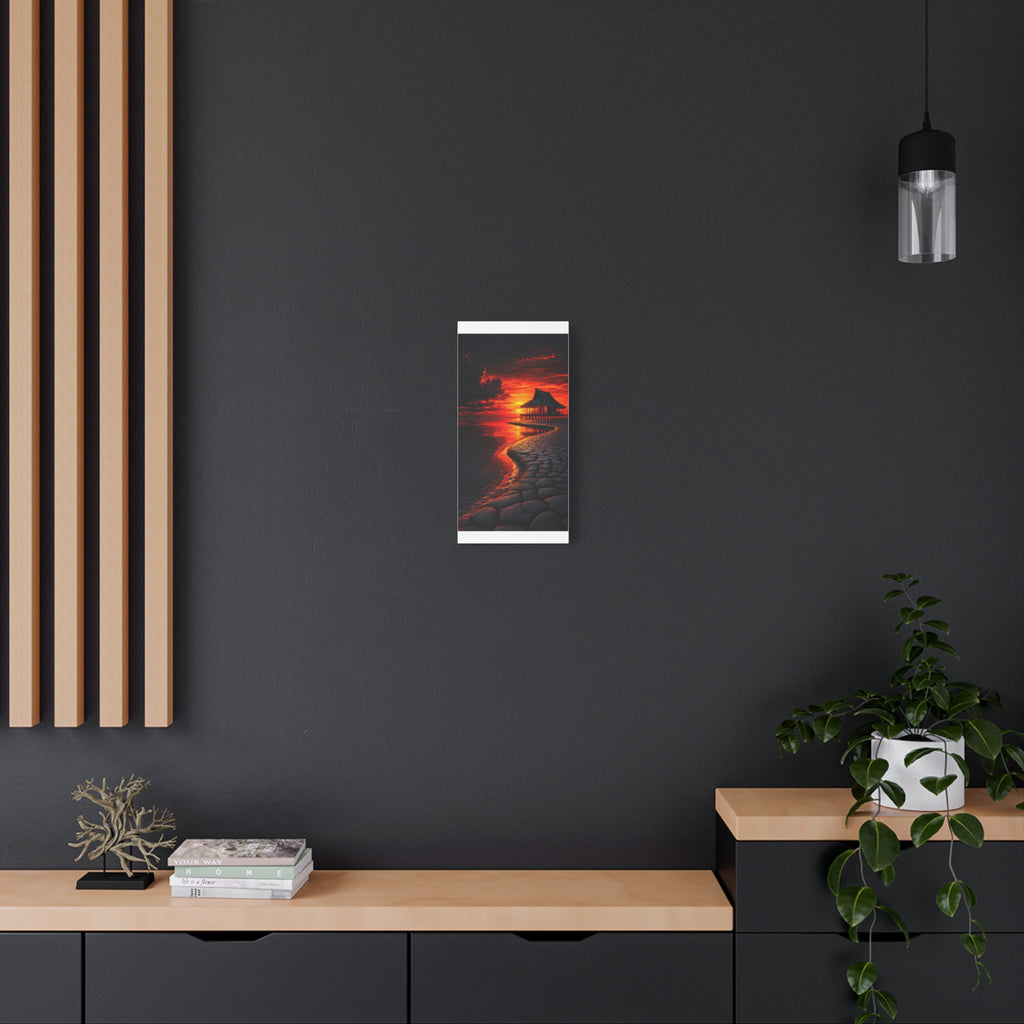 Tropical Sunset Canvas Wall Art — Exotic Hut over Lava-Red Ocean, Matte Stretched 1.25"