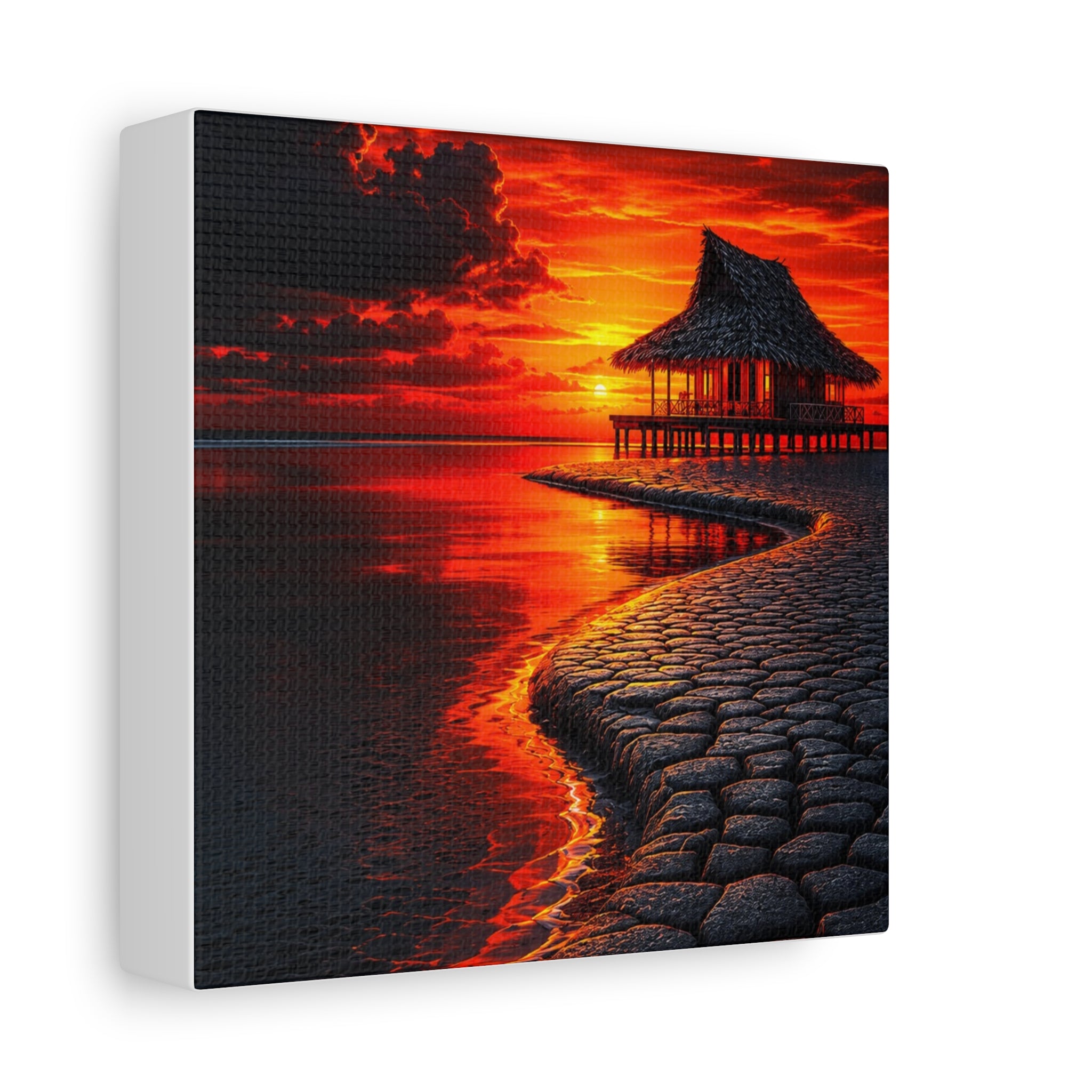 Tropical Sunset Canvas Wall Art — Exotic Hut over Lava-Red Ocean, Matte Stretched 1.25"
