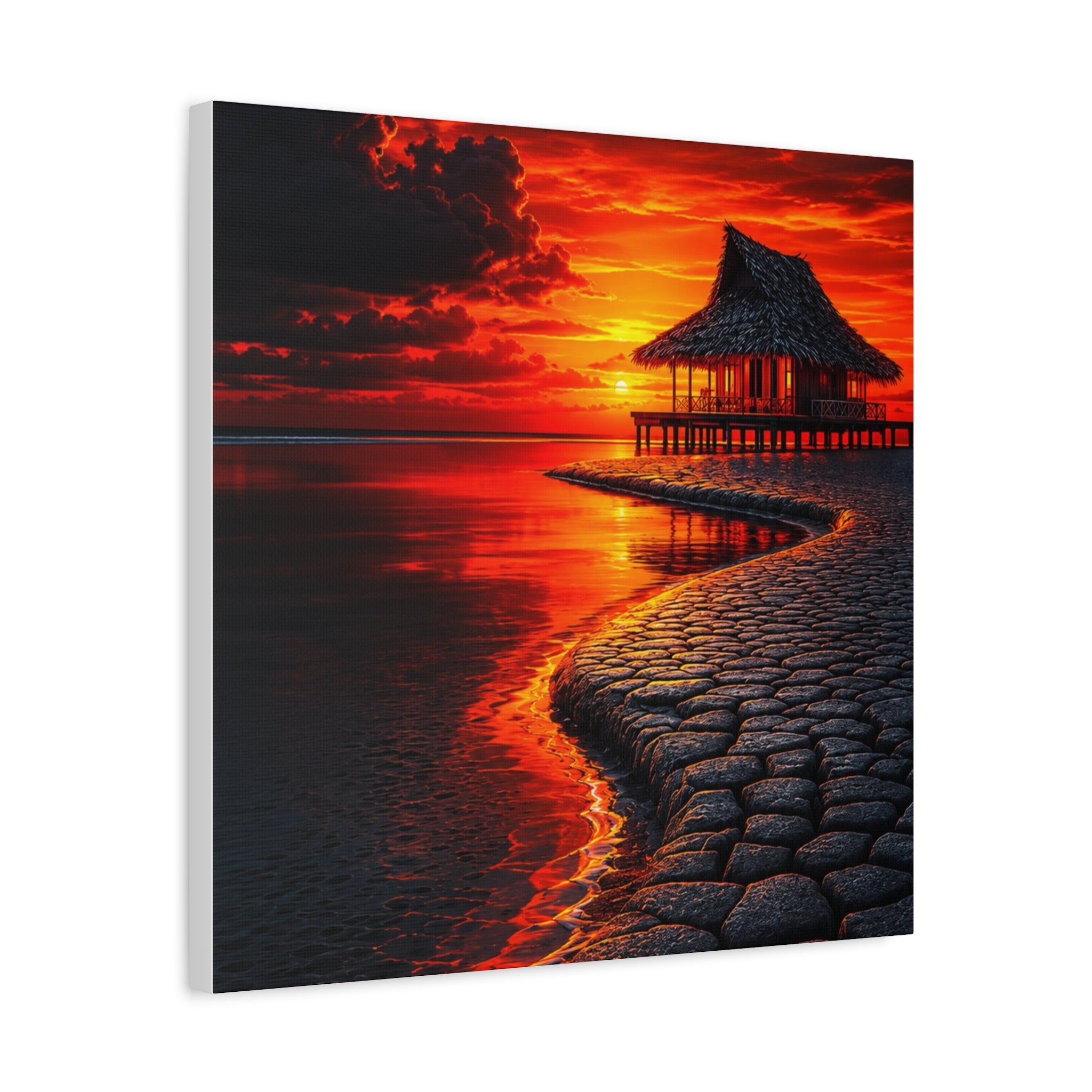 Tropical Sunset Canvas Wall Art — Exotic Hut over Lava-Red Ocean, Matte Stretched 1.25"