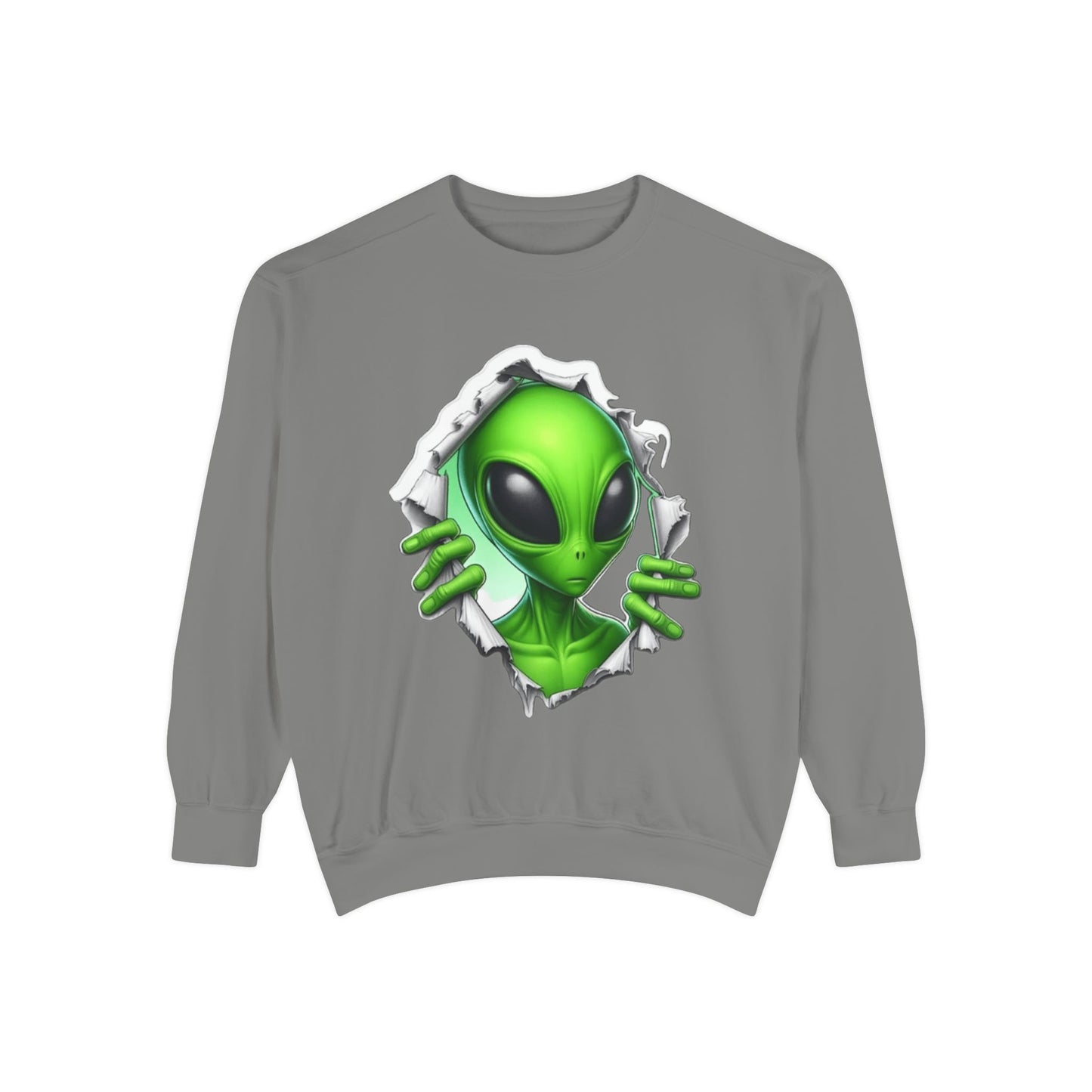 Alien Peeking Graphic Sweatshirt – Green Extraterrestrial Crewneck