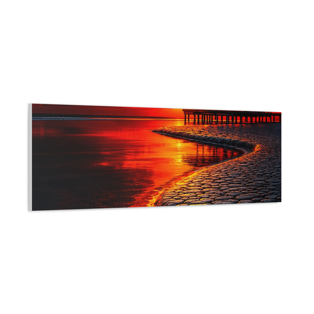 Tropical Sunset Canvas Wall Art — Exotic Hut over Lava-Red Ocean, Matte Stretched 1.25"