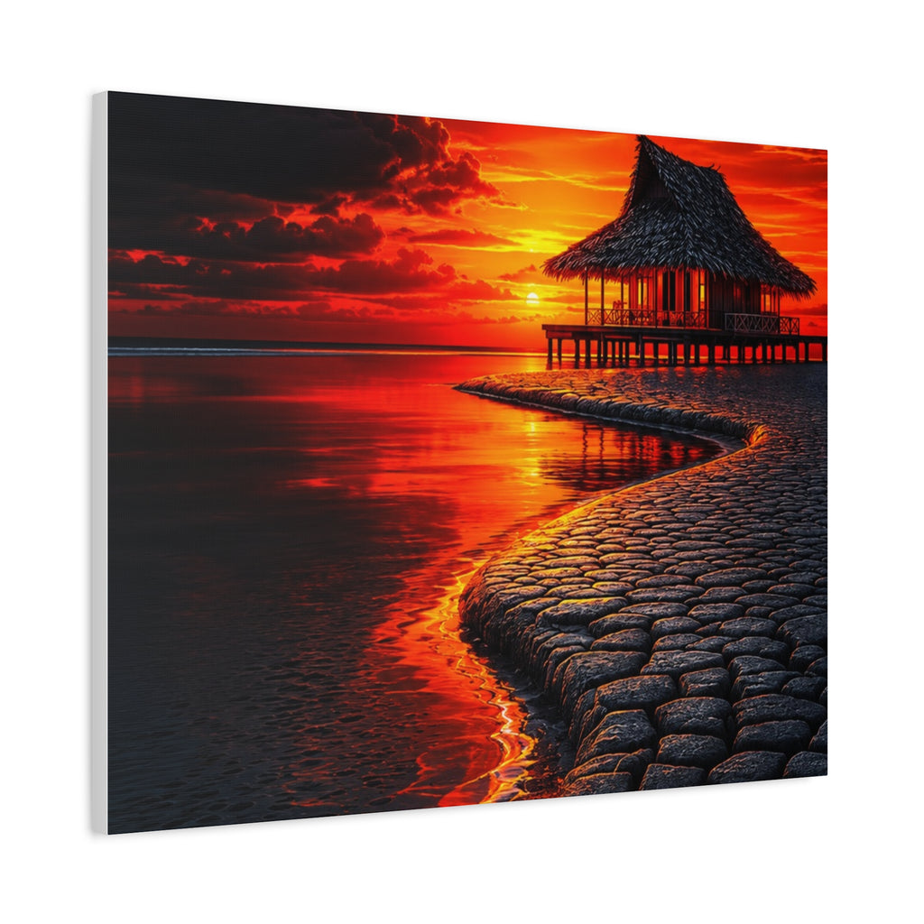 Tropical Sunset Canvas Wall Art — Exotic Hut over Lava-Red Ocean, Matte Stretched 1.25"