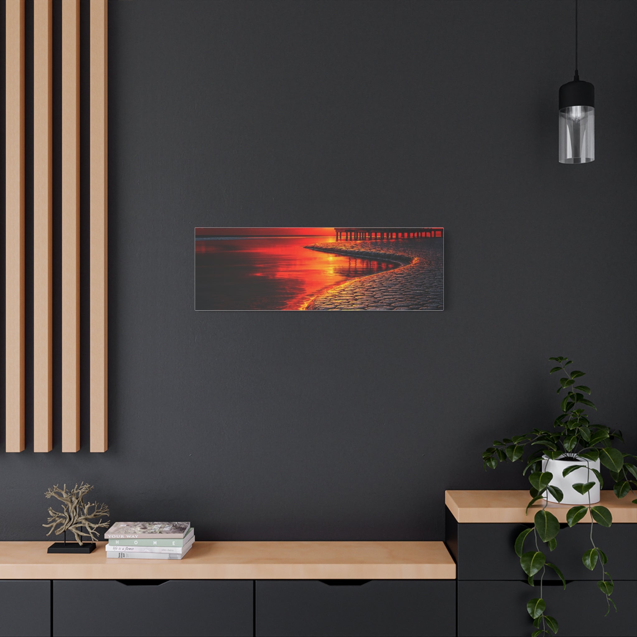 Tropical Sunset Canvas Wall Art — Exotic Hut over Lava-Red Ocean, Matte Stretched 1.25"