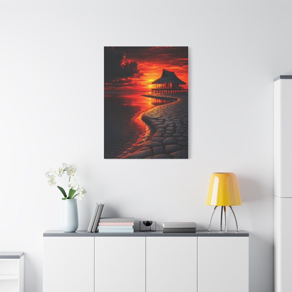 Tropical Sunset Canvas Wall Art — Exotic Hut over Lava-Red Ocean, Matte Stretched 1.25"
