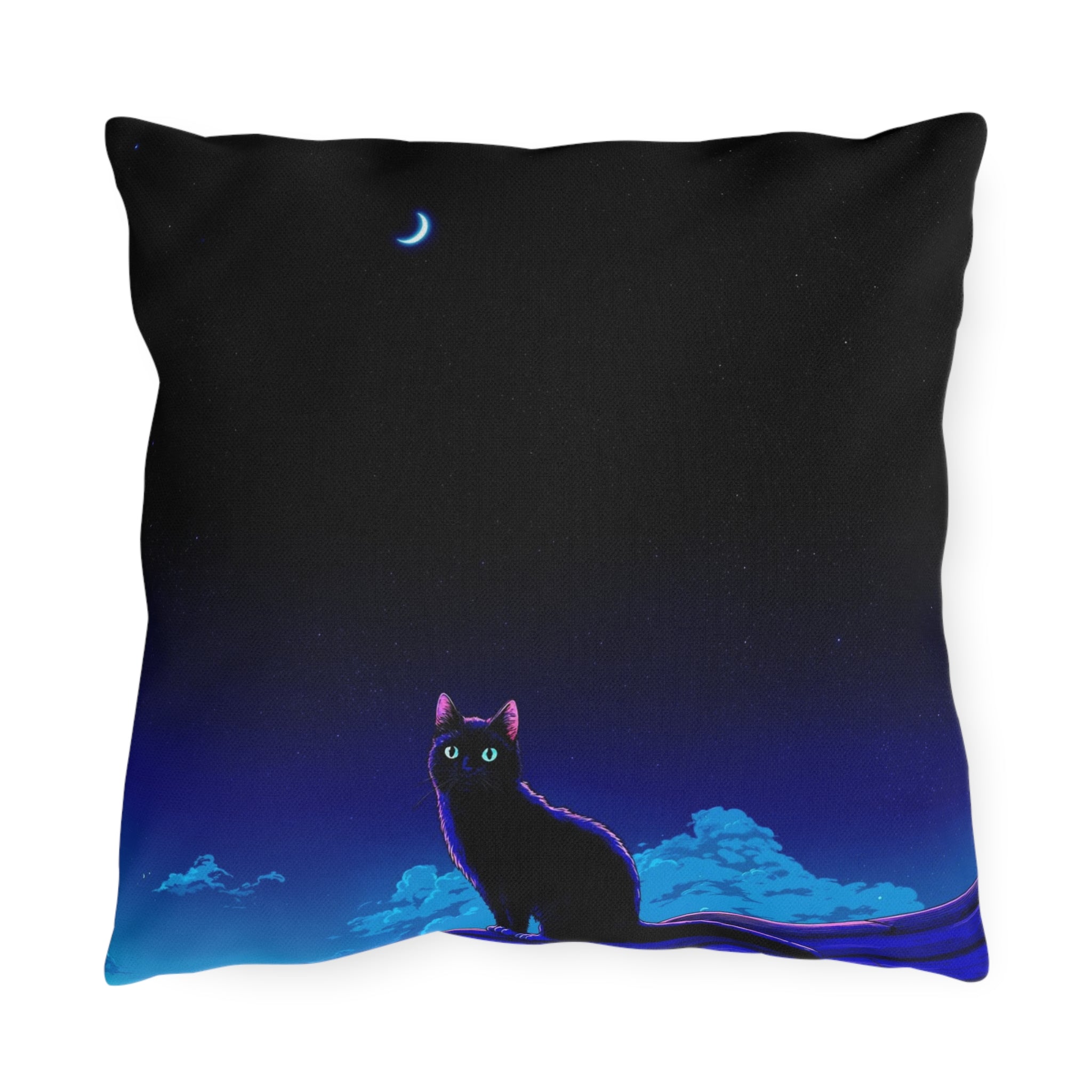 Cat Moon Outdoor Pillow — Night Sky Black Cat Decorative Patio Cushion