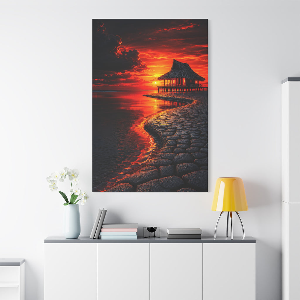 Tropical Sunset Canvas Wall Art — Exotic Hut over Lava-Red Ocean, Matte Stretched 1.25"