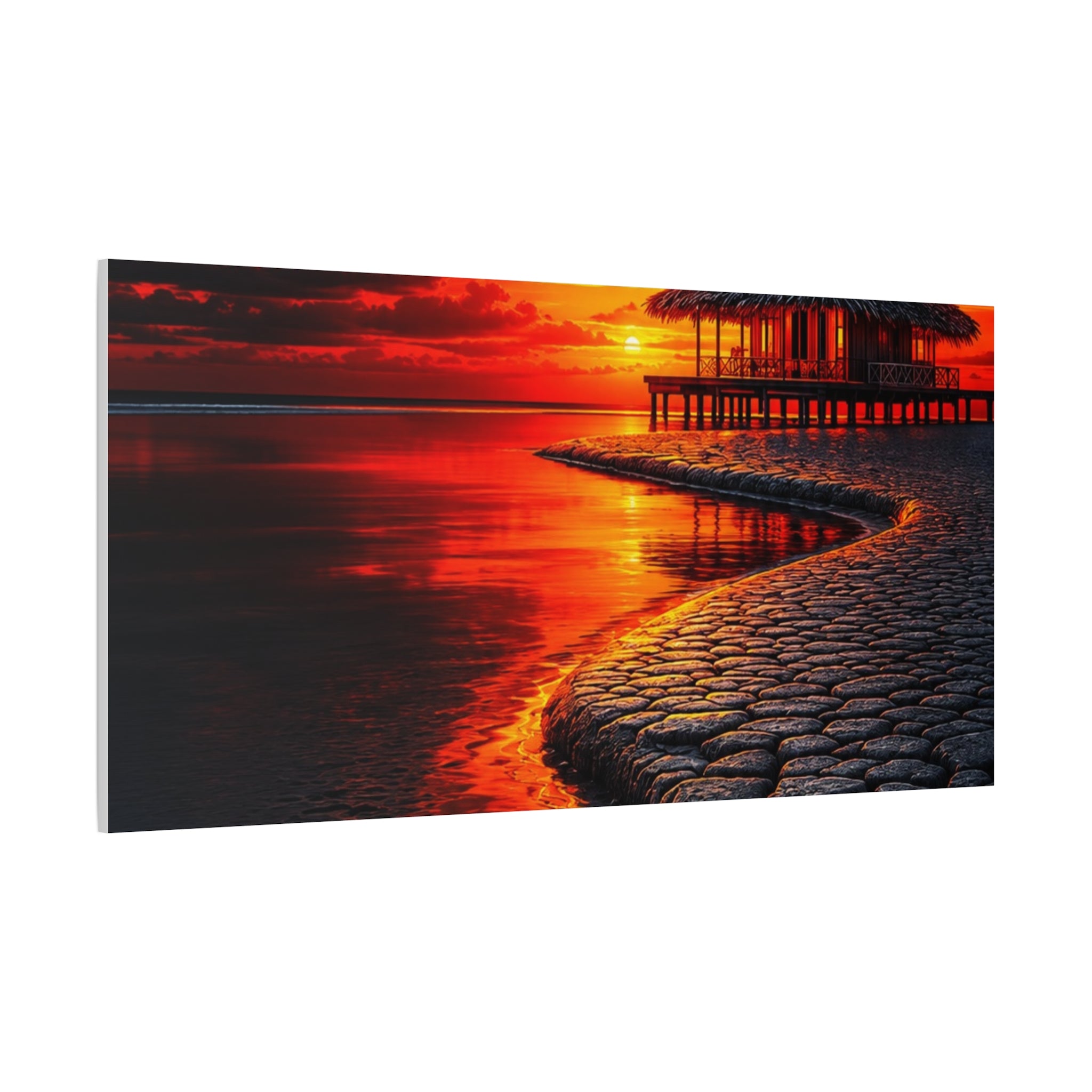 Tropical Sunset Canvas Wall Art — Exotic Hut over Lava-Red Ocean, Matte Stretched 1.25"