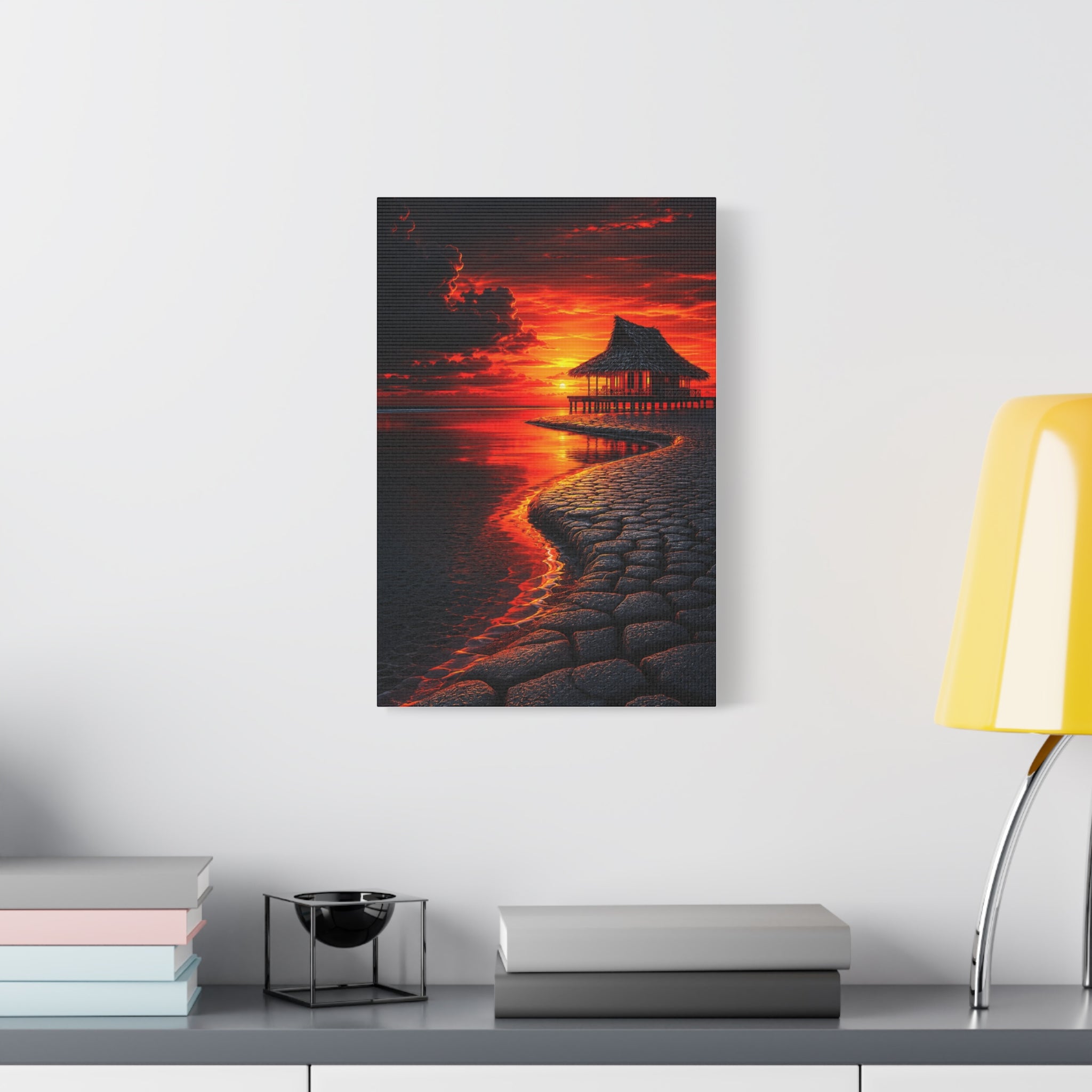 Tropical Sunset Canvas Wall Art — Exotic Hut over Lava-Red Ocean, Matte Stretched 1.25"