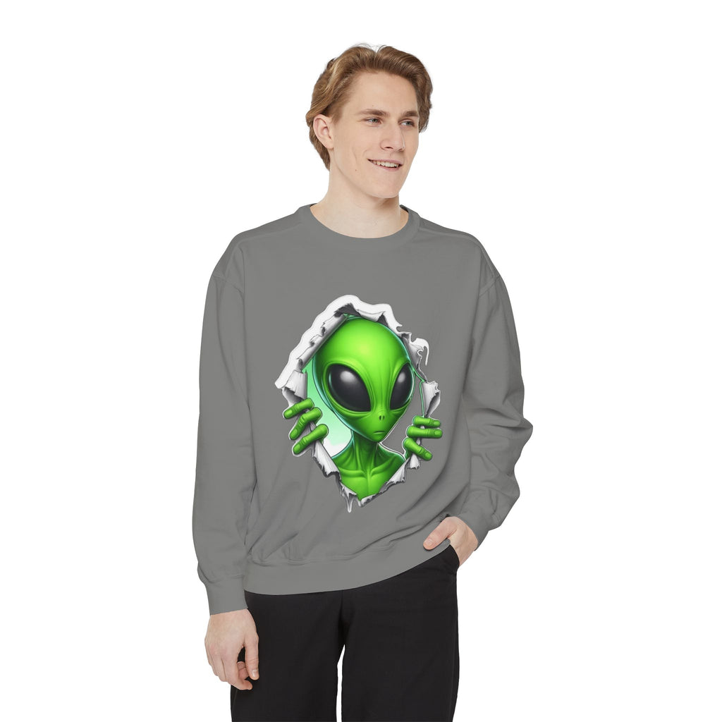 Alien Peeking Graphic Sweatshirt – Green Extraterrestrial Crewneck