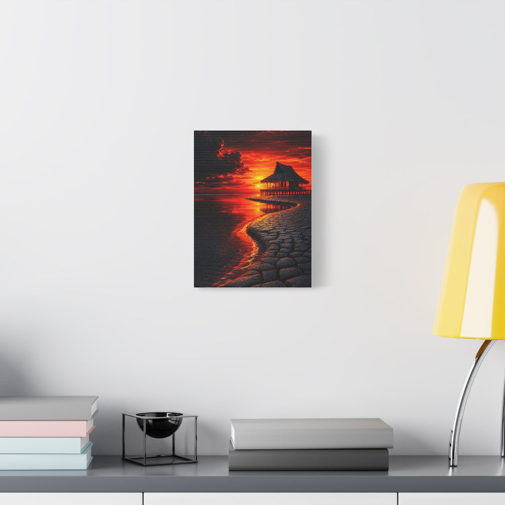 Tropical Sunset Canvas Wall Art — Exotic Hut over Lava-Red Ocean, Matte Stretched 1.25"