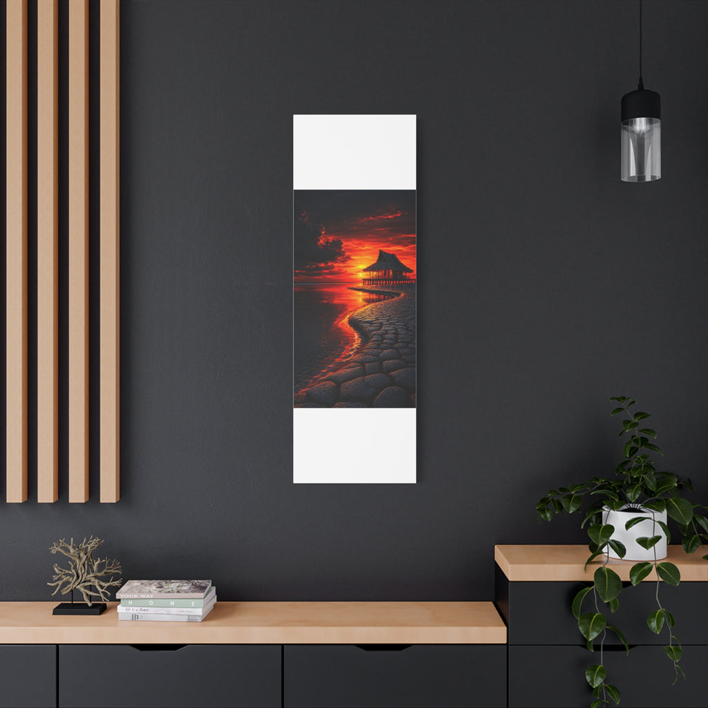 Tropical Sunset Canvas Wall Art — Exotic Hut over Lava-Red Ocean, Matte Stretched 1.25"