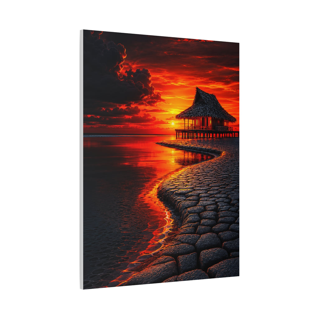 Tropical Sunset Canvas Wall Art — Exotic Hut over Lava-Red Ocean, Matte Stretched 1.25"