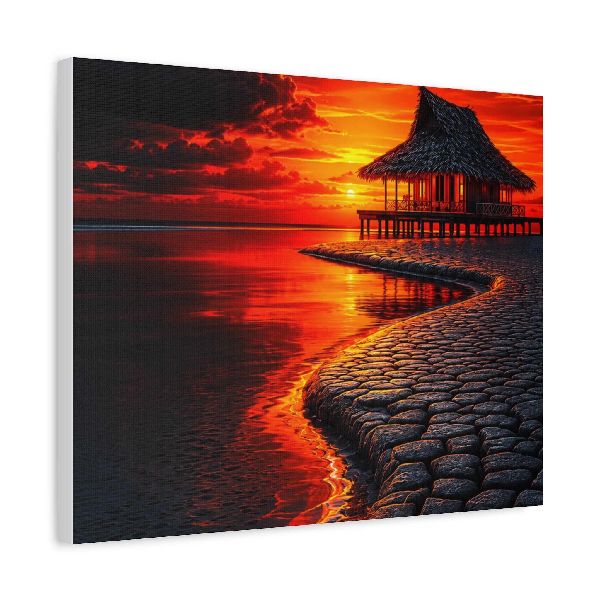 Tropical Sunset Canvas Wall Art — Exotic Hut over Lava-Red Ocean, Matte Stretched 1.25"
