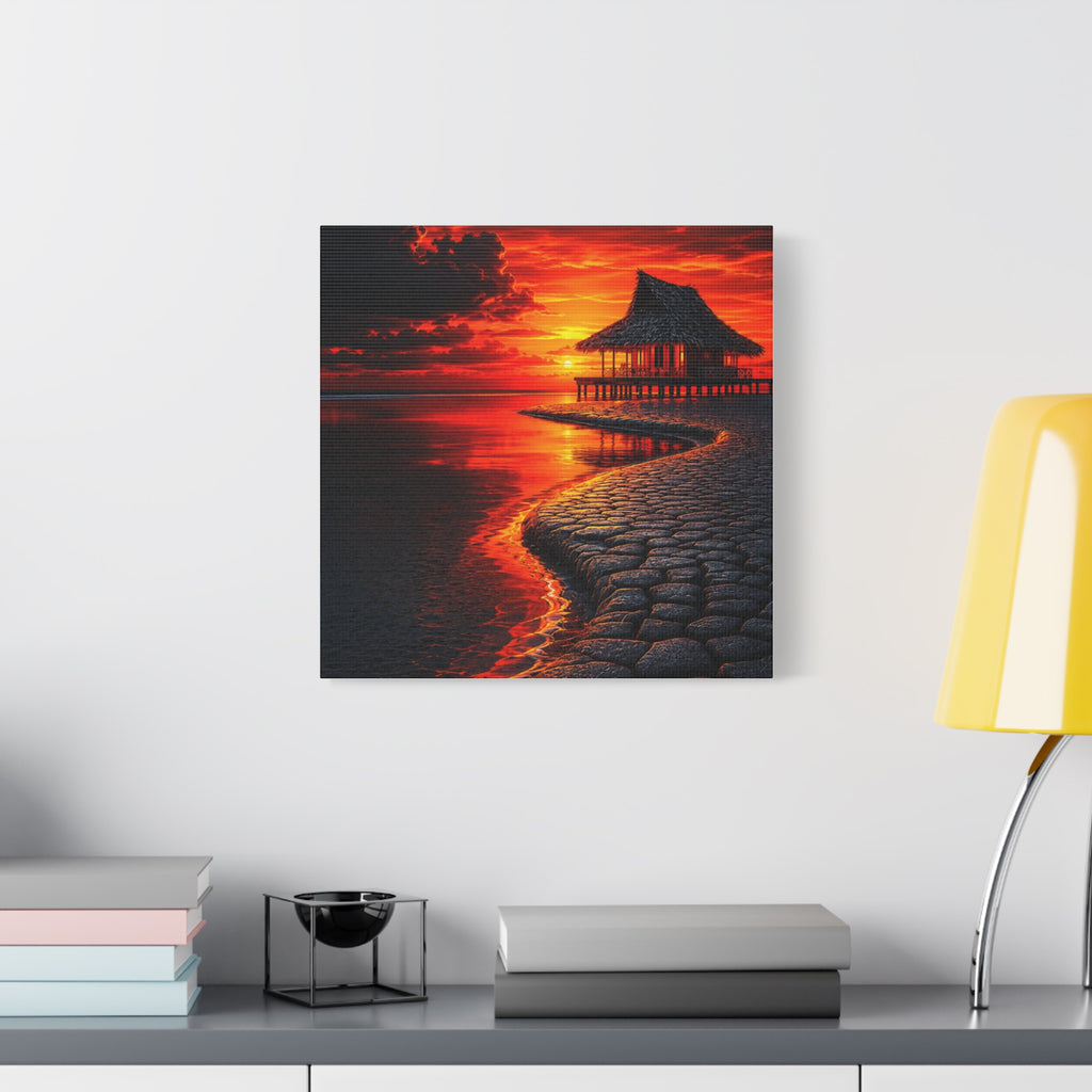 Tropical Sunset Canvas Wall Art — Exotic Hut over Lava-Red Ocean, Matte Stretched 1.25"