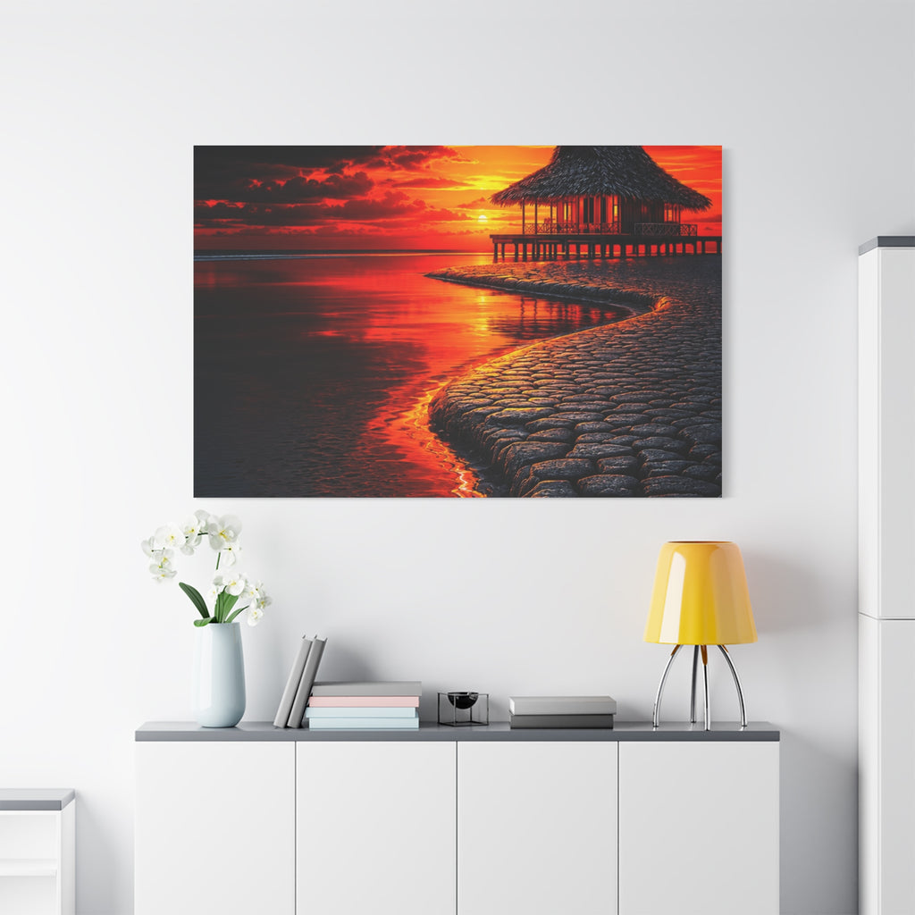 Tropical Sunset Canvas Wall Art — Exotic Hut over Lava-Red Ocean, Matte Stretched 1.25"
