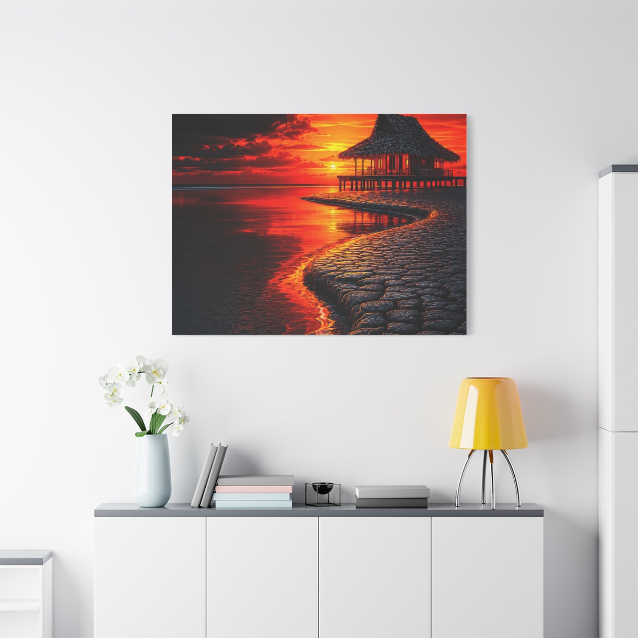 Tropical Sunset Canvas Wall Art — Exotic Hut over Lava-Red Ocean, Matte Stretched 1.25"