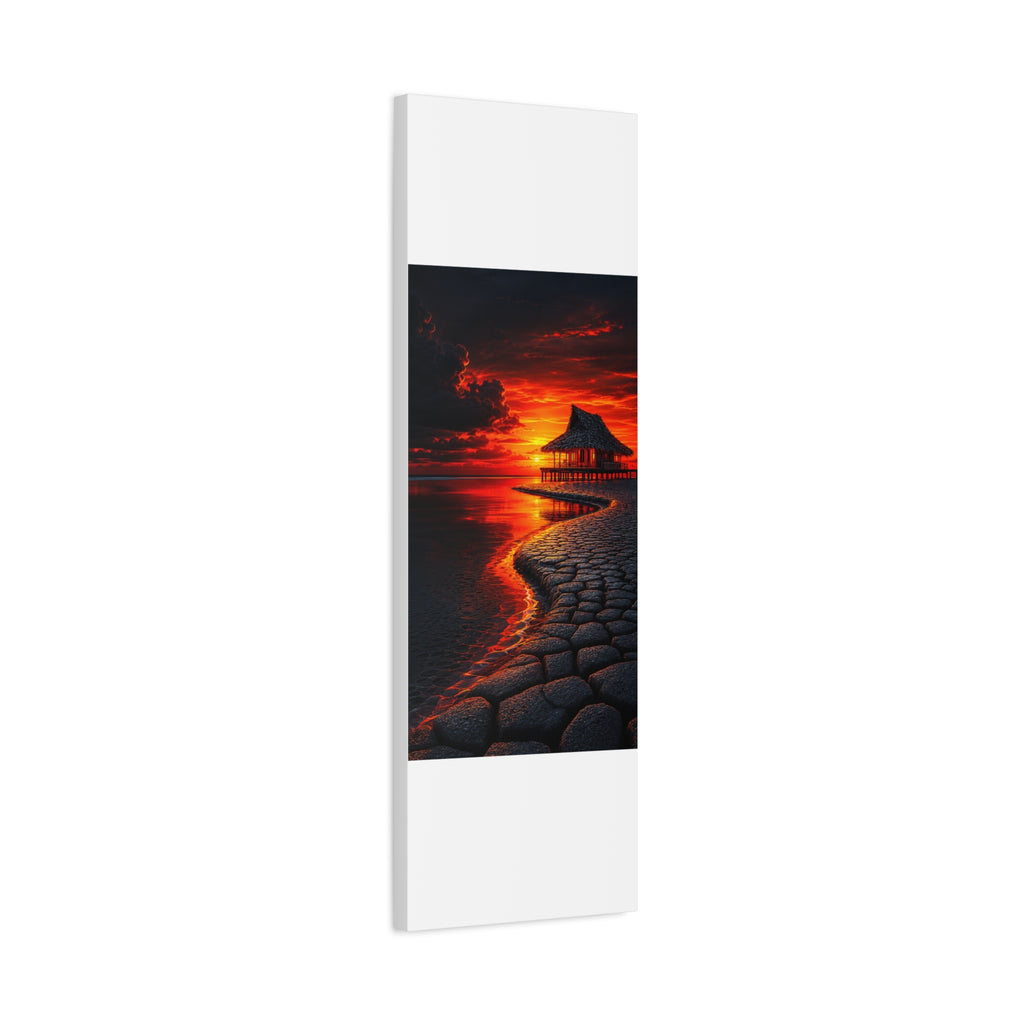 Tropical Sunset Canvas Wall Art — Exotic Hut over Lava-Red Ocean, Matte Stretched 1.25"