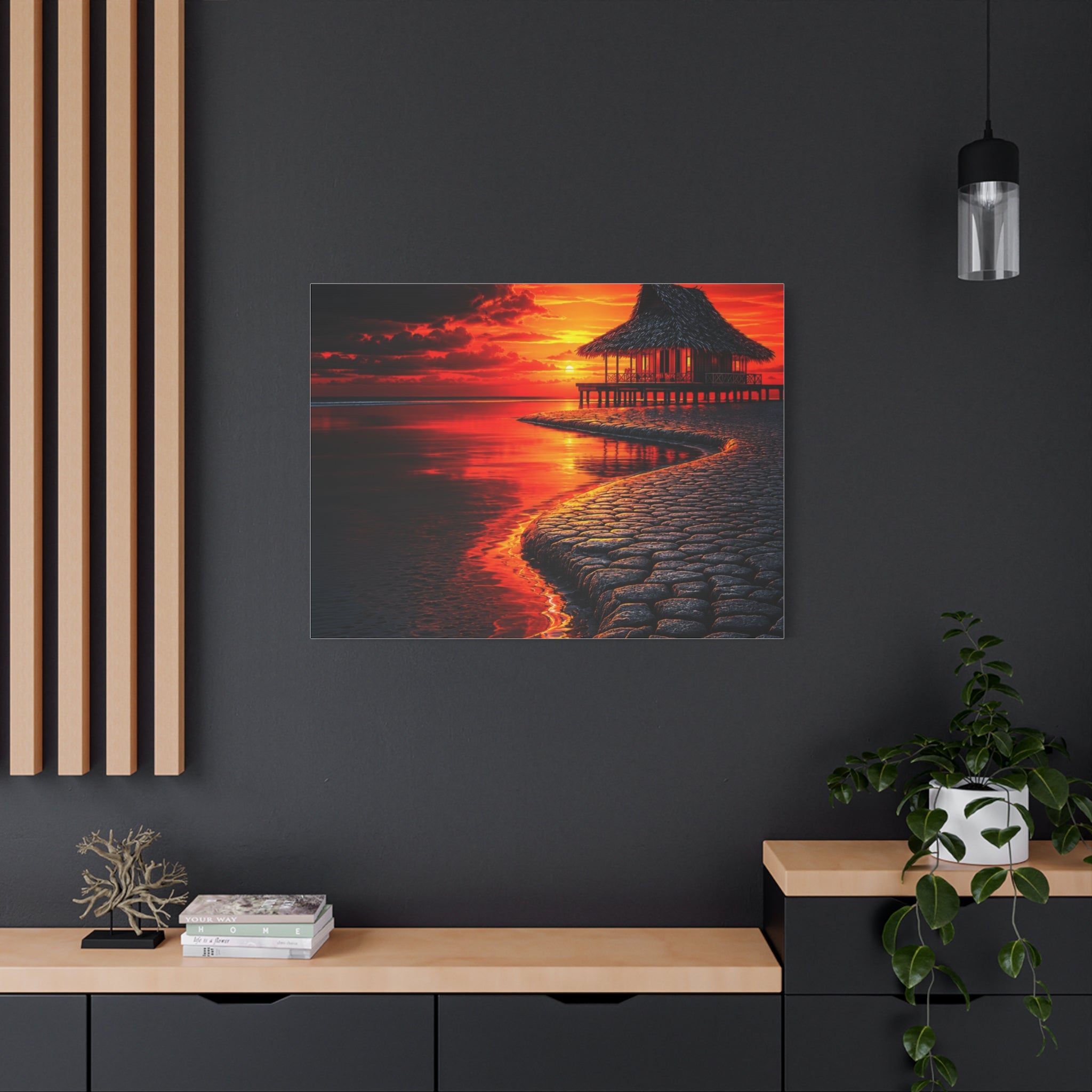 Tropical Sunset Canvas Wall Art — Exotic Hut over Lava-Red Ocean, Matte Stretched 1.25"