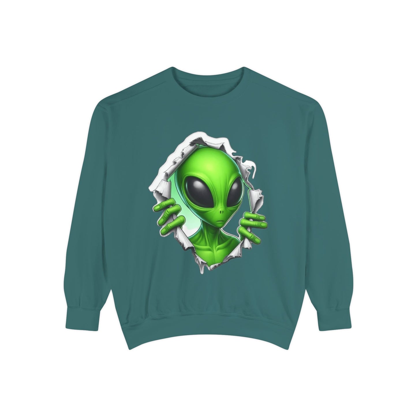 Alien Peeking Graphic Sweatshirt – Green Extraterrestrial Crewneck