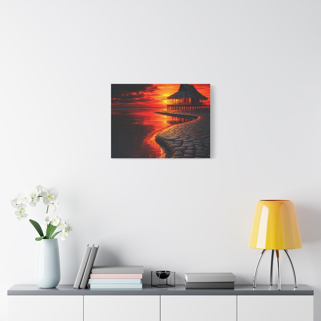 Tropical Sunset Canvas Wall Art — Exotic Hut over Lava-Red Ocean, Matte Stretched 1.25"