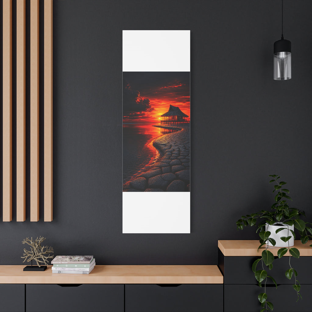 Tropical Sunset Canvas Wall Art — Exotic Hut over Lava-Red Ocean, Matte Stretched 1.25"