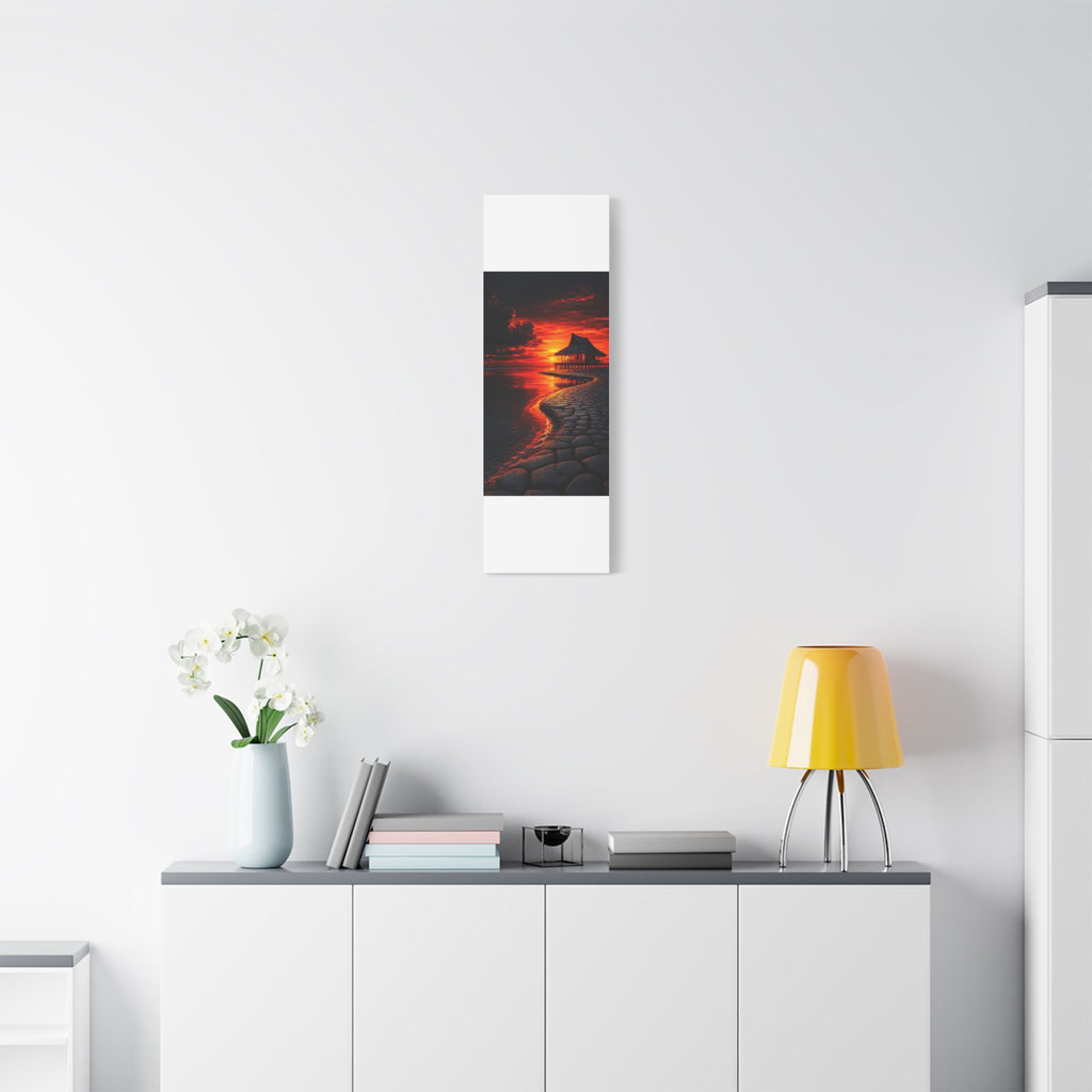 Tropical Sunset Canvas Wall Art — Exotic Hut over Lava-Red Ocean, Matte Stretched 1.25"