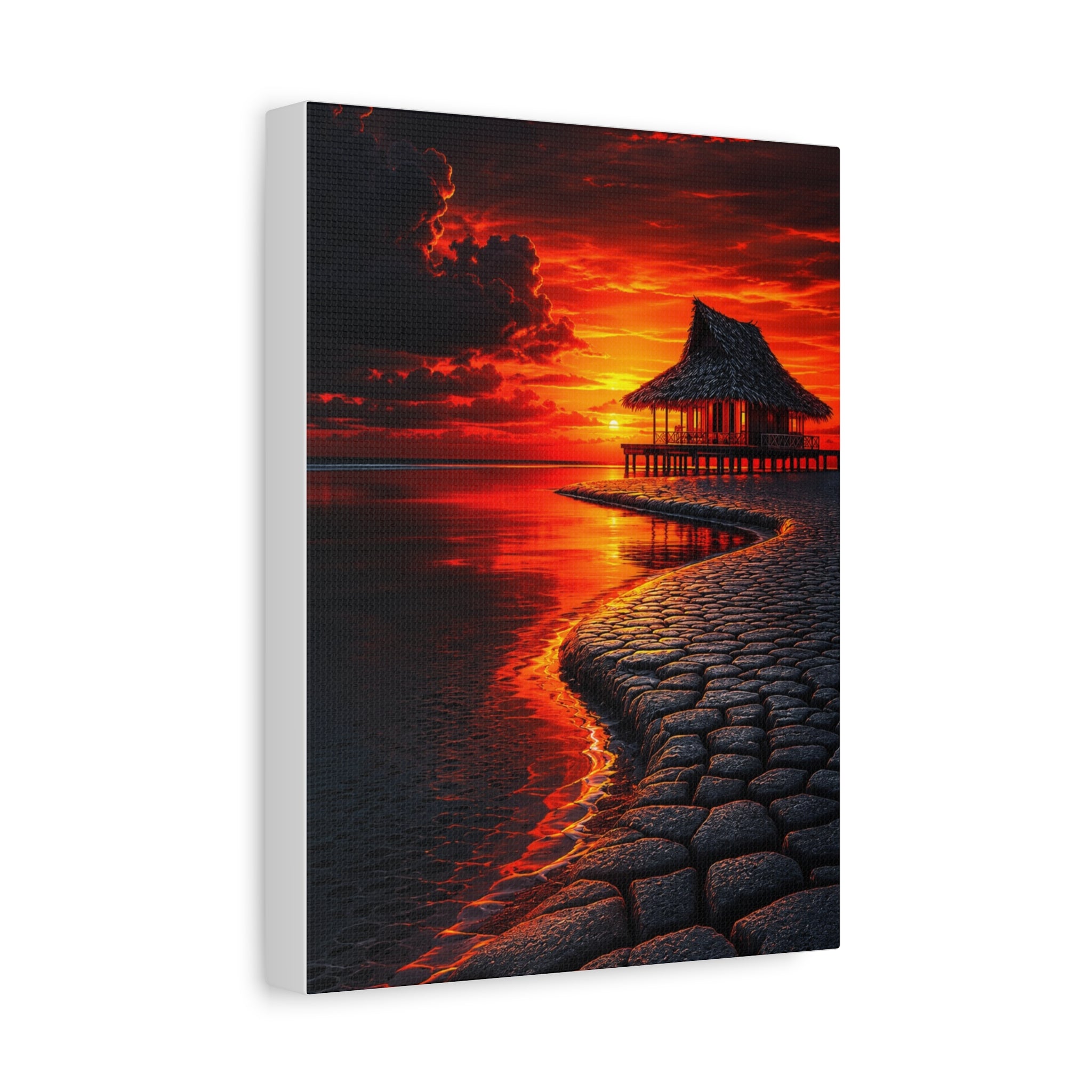 Tropical Sunset Canvas Wall Art — Exotic Hut over Lava-Red Ocean, Matte Stretched 1.25"
