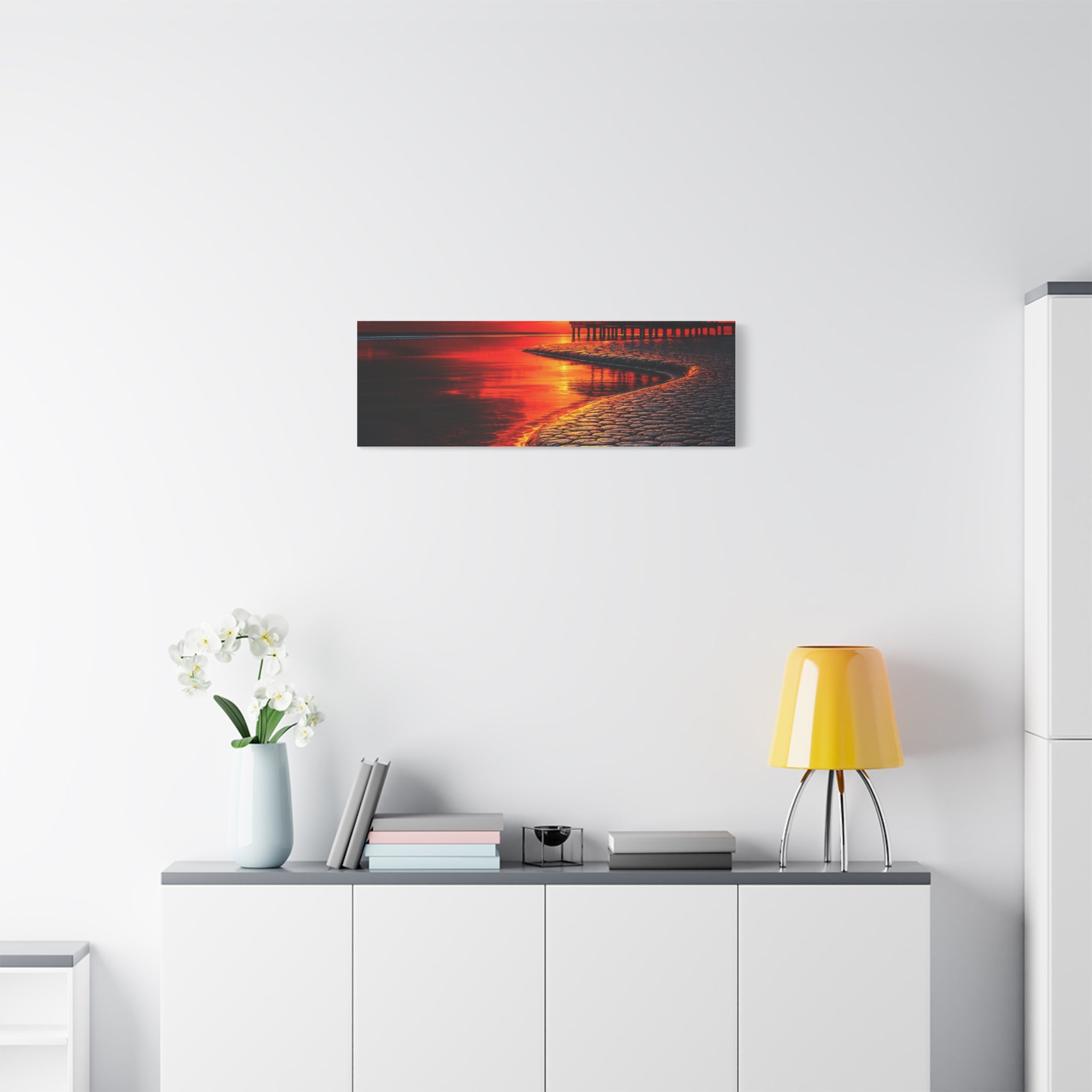 Tropical Sunset Canvas Wall Art — Exotic Hut over Lava-Red Ocean, Matte Stretched 1.25"