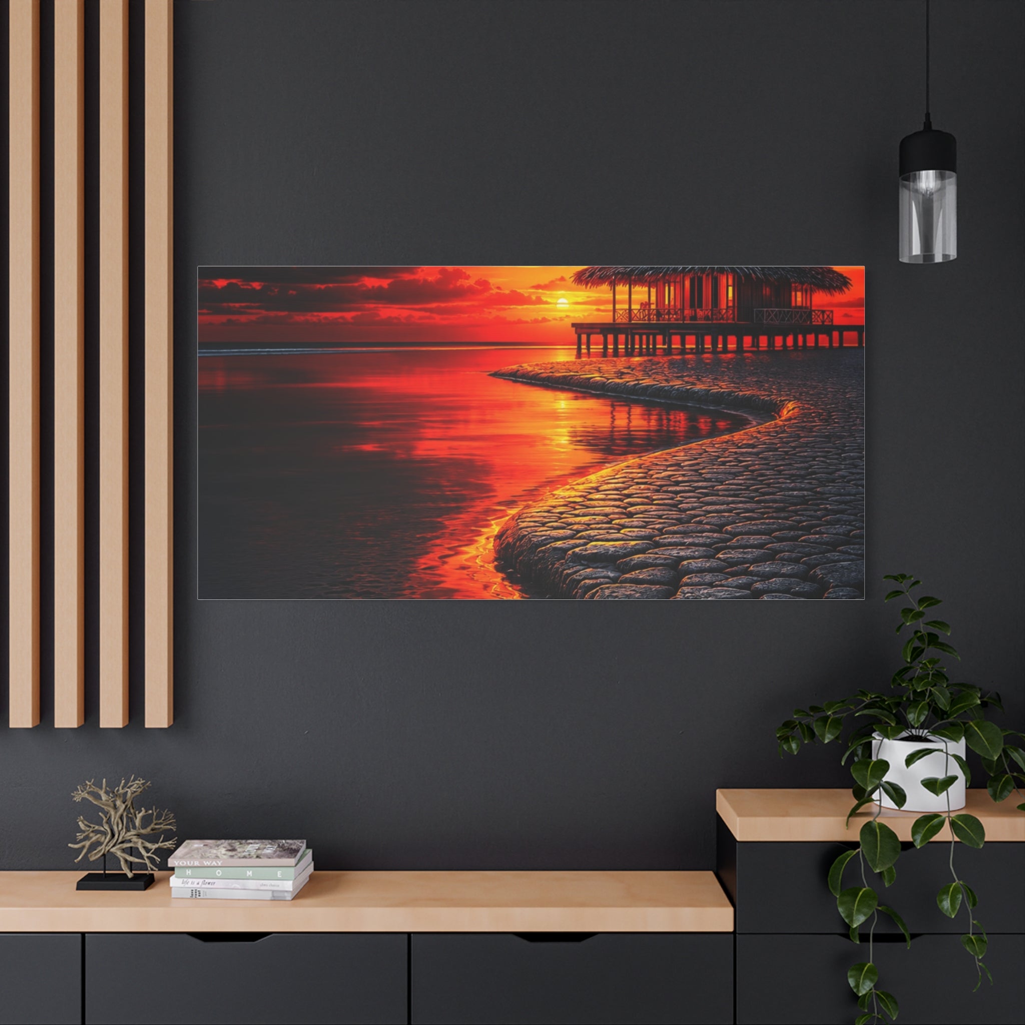 Tropical Sunset Canvas Wall Art — Exotic Hut over Lava-Red Ocean, Matte Stretched 1.25"