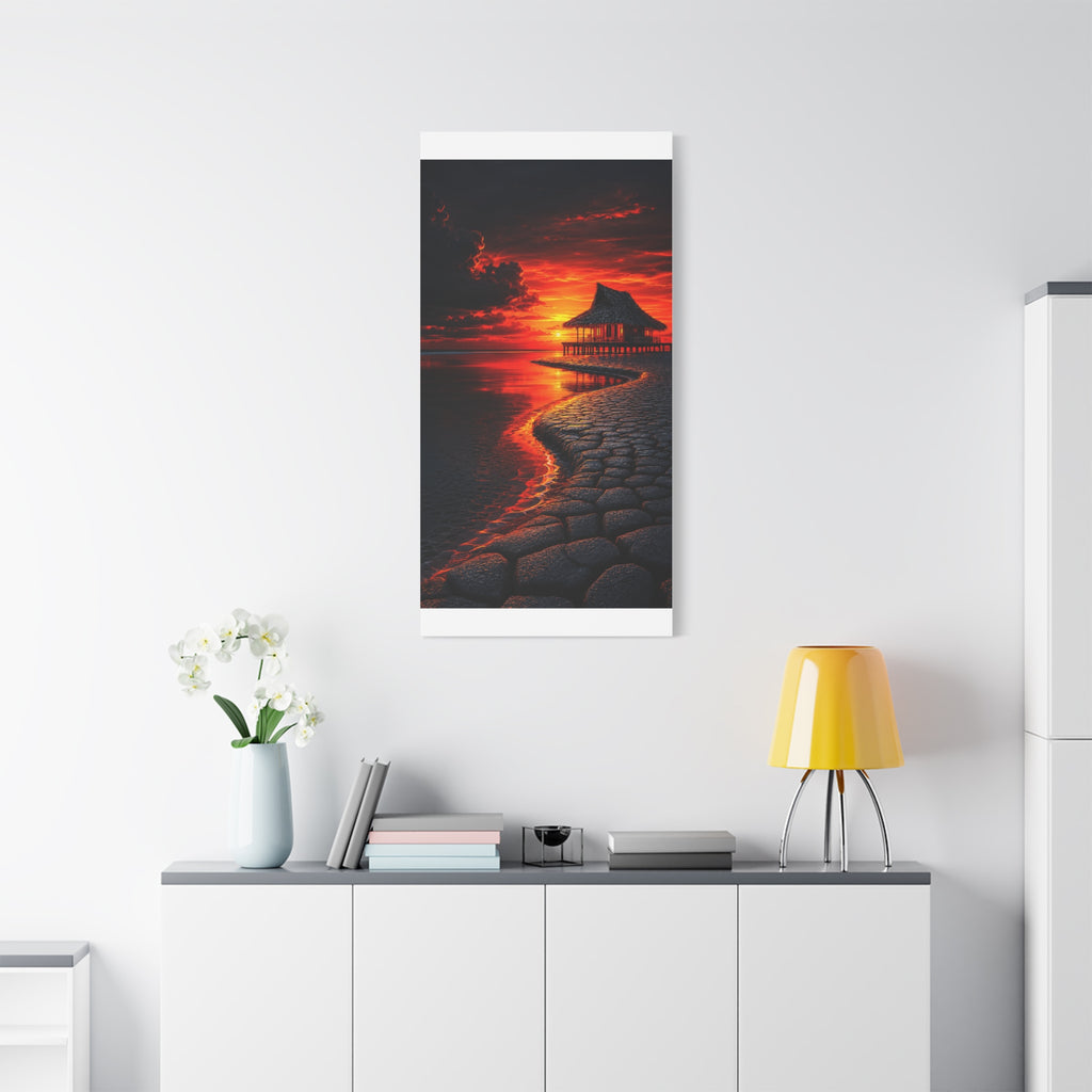 Tropical Sunset Canvas Wall Art — Exotic Hut over Lava-Red Ocean, Matte Stretched 1.25"