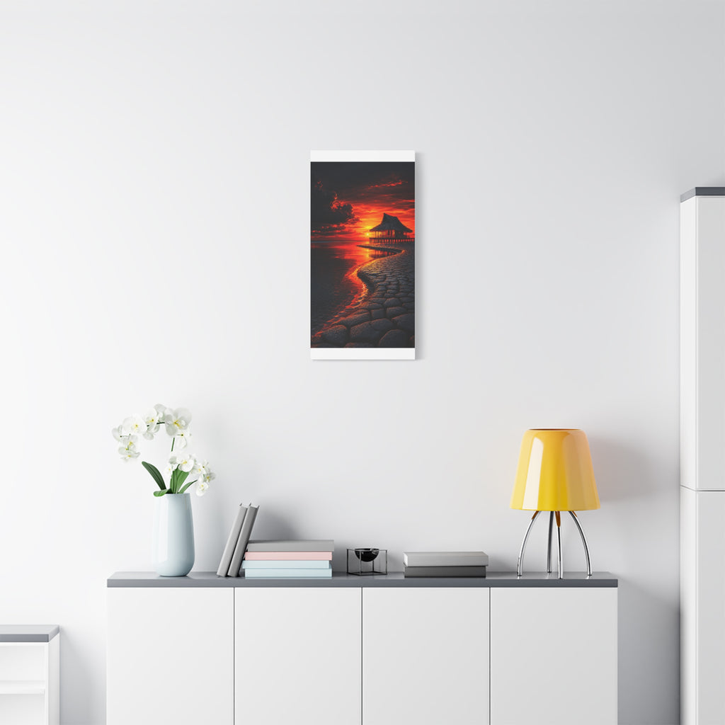 Tropical Sunset Canvas Wall Art — Exotic Hut over Lava-Red Ocean, Matte Stretched 1.25"