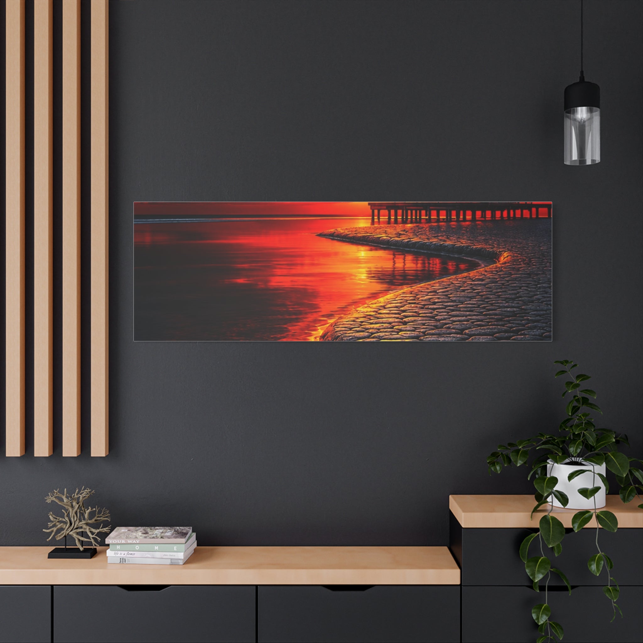Tropical Sunset Canvas Wall Art — Exotic Hut over Lava-Red Ocean, Matte Stretched 1.25"