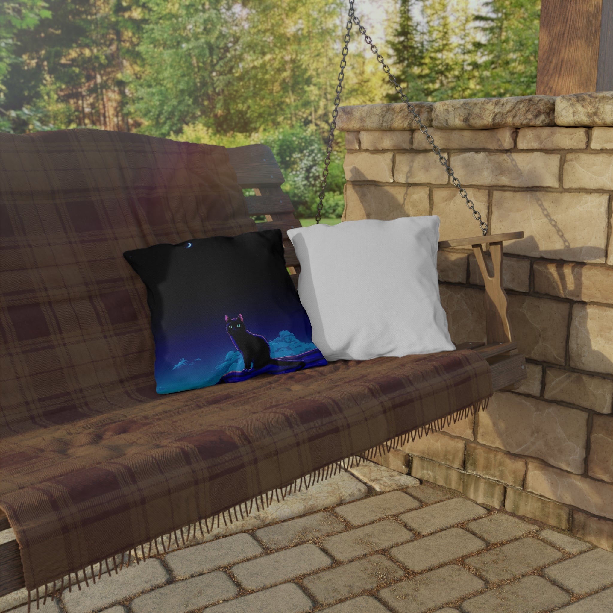 Cat Moon Outdoor Pillow — Night Sky Black Cat Decorative Patio Cushion