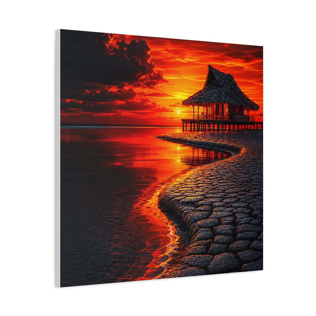 Tropical Sunset Canvas Wall Art — Exotic Hut over Lava-Red Ocean, Matte Stretched 1.25"