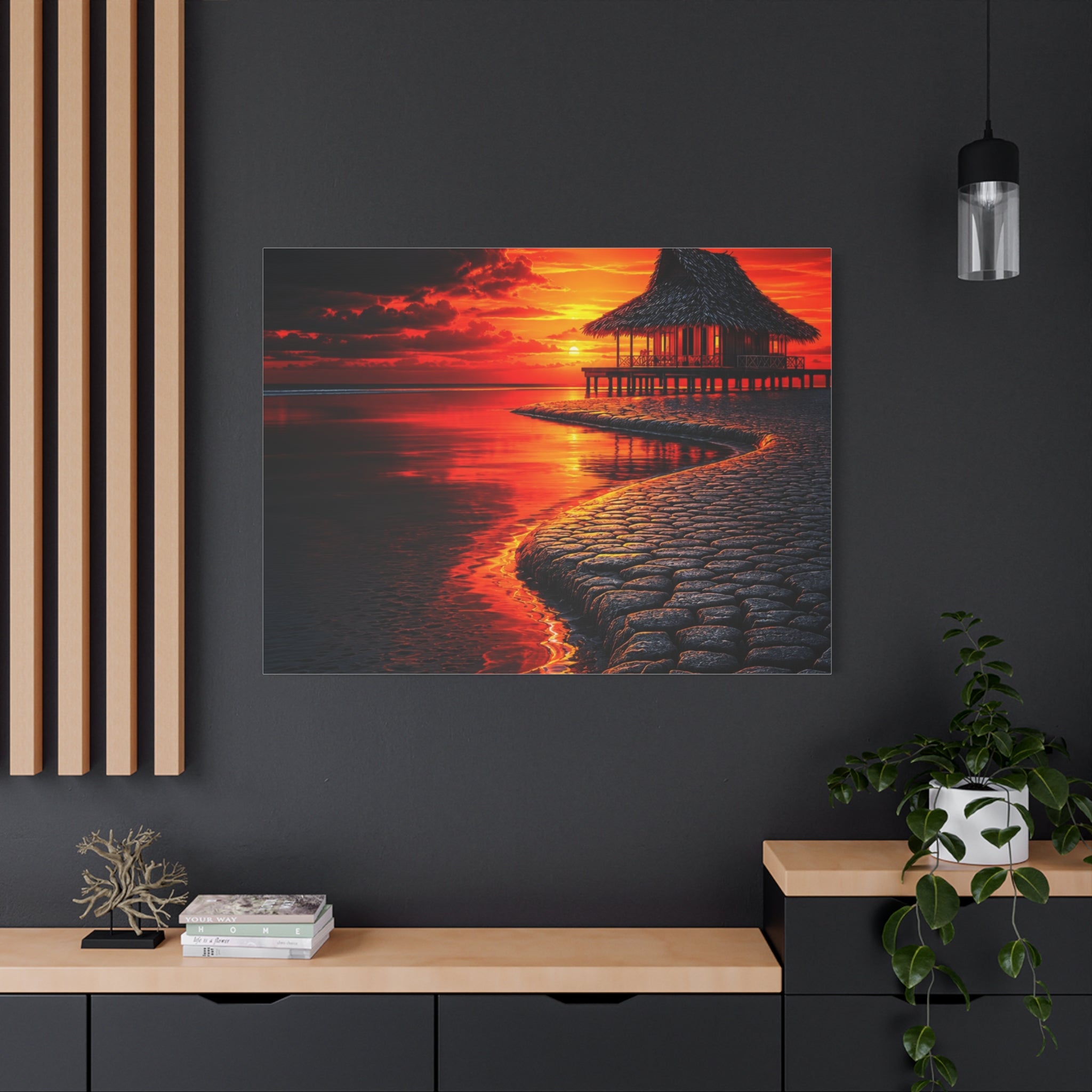 Tropical Sunset Canvas Wall Art — Exotic Hut over Lava-Red Ocean, Matte Stretched 1.25"
