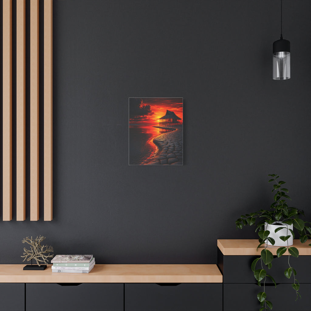 Tropical Sunset Canvas Wall Art — Exotic Hut over Lava-Red Ocean, Matte Stretched 1.25"