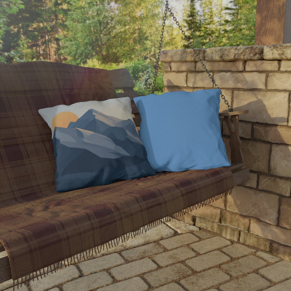 Mountain Sunrise Outdoor Pillow — Geometric Blue Peak Throw Pillow for Patio & Deck